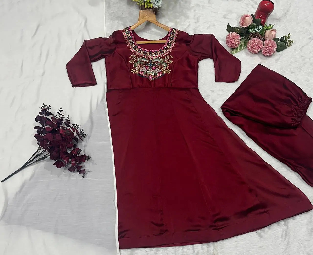 Embroidered Kesriya Silk Anarkali Set with Dupatta