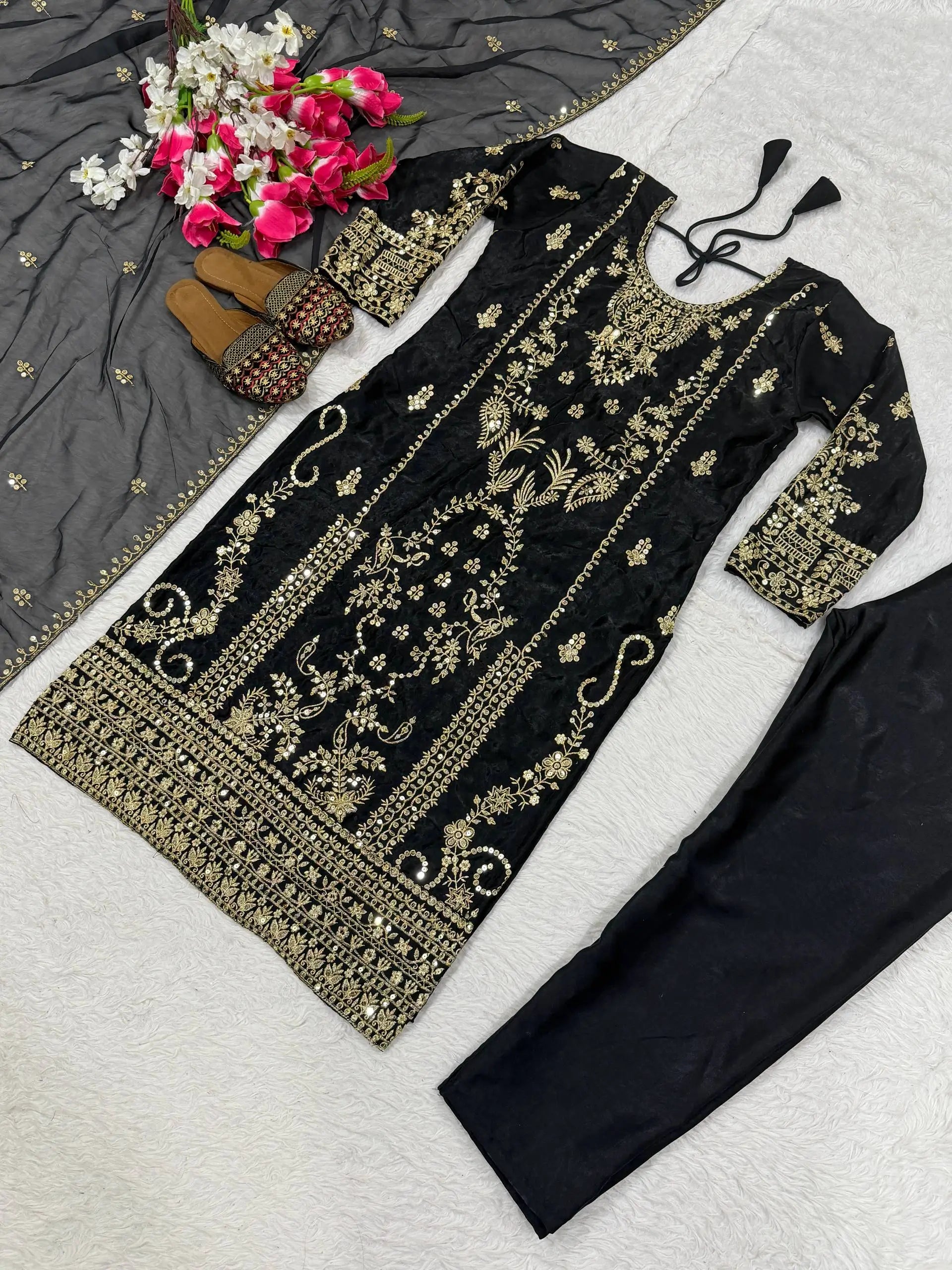 Embroidered Korean Satin Silk Kurta Pant Set with Organza Dupatta for Festive Wear