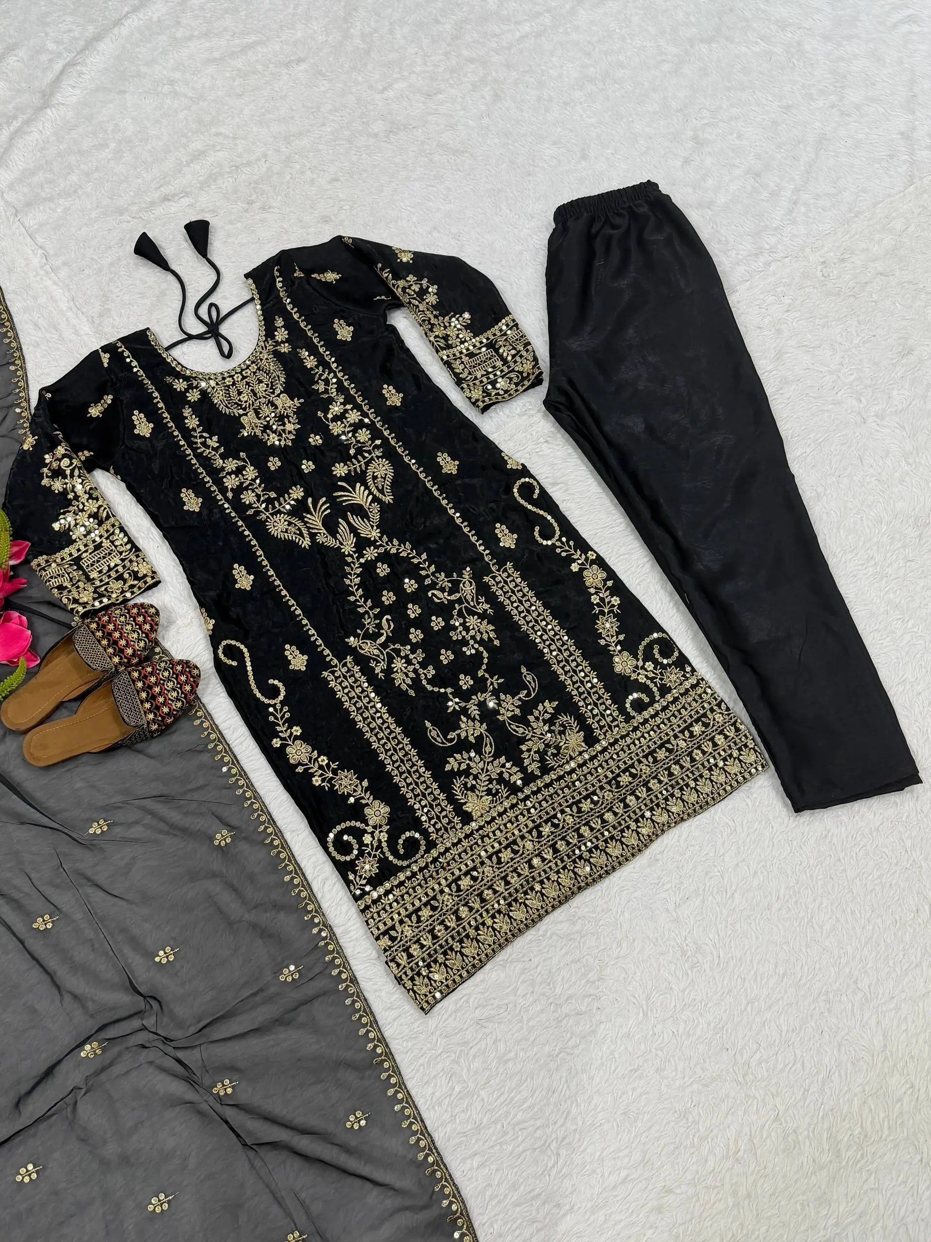 Embroidered Korean Satin Silk Kurta Pant Set with Organza Dupatta for Festive Wear