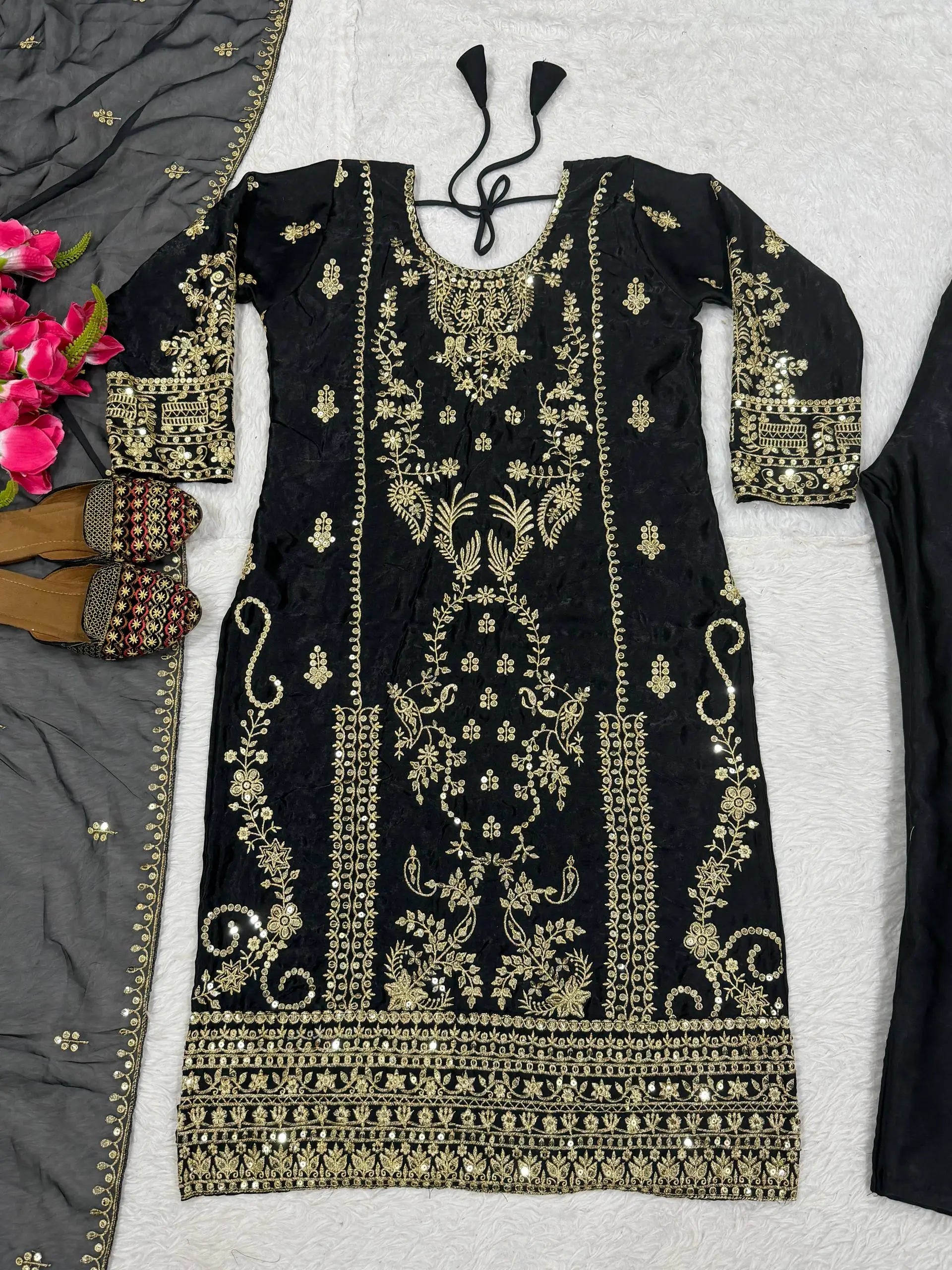 Embroidered Korean Satin Silk Kurta Pant Set with Organza Dupatta for Festive Wear