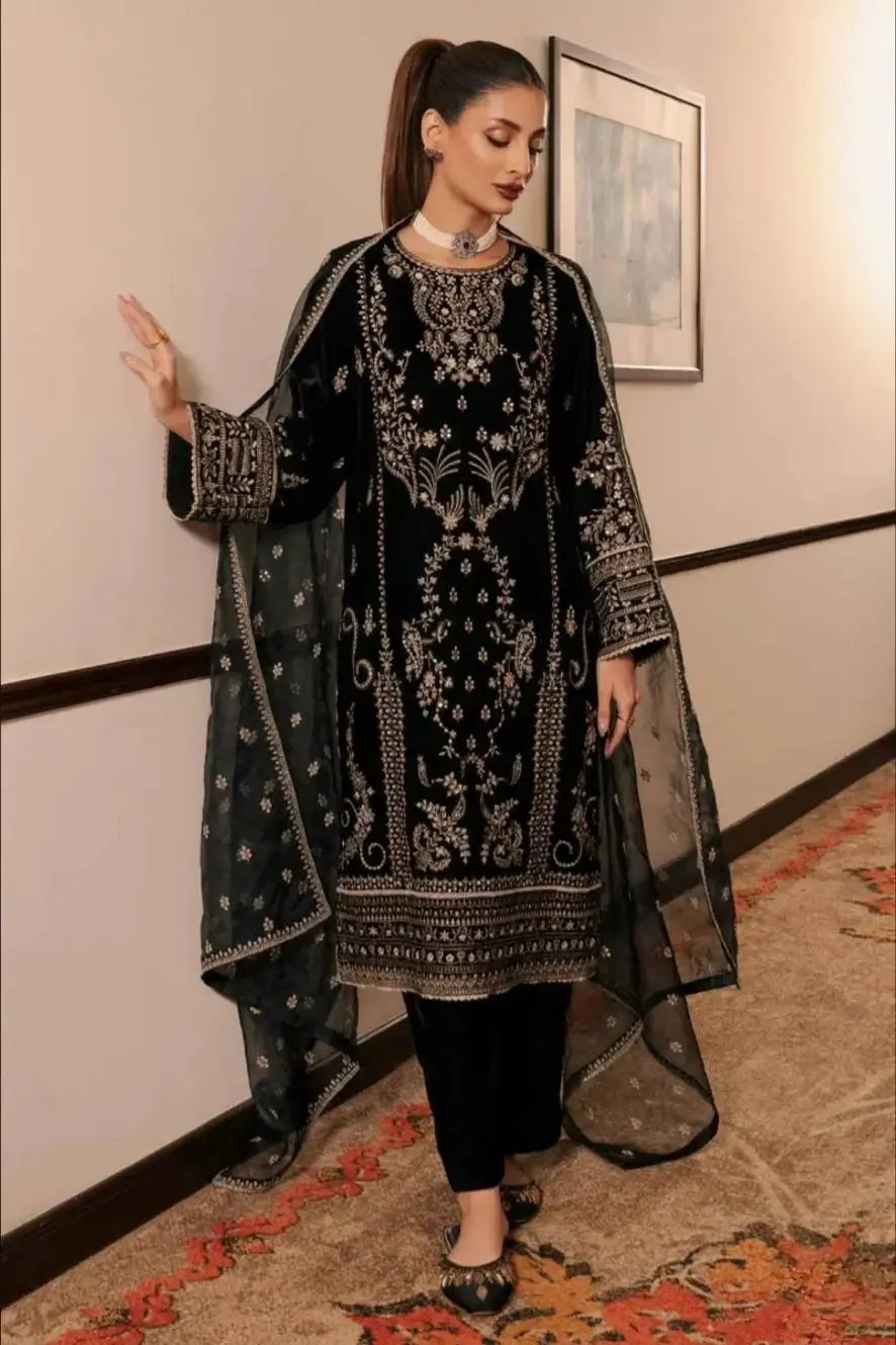 Embroidered Korean Satin Silk Kurta Pant Set with Organza Dupatta for Festive Wear