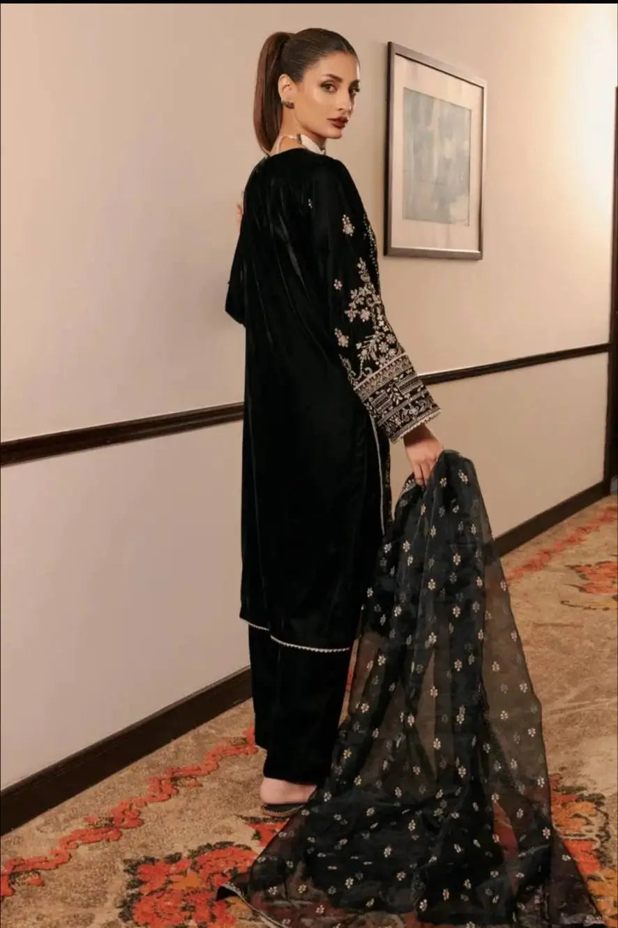 Embroidered Korean Satin Silk Kurta Pant Set with Organza Dupatta for Festive Wear