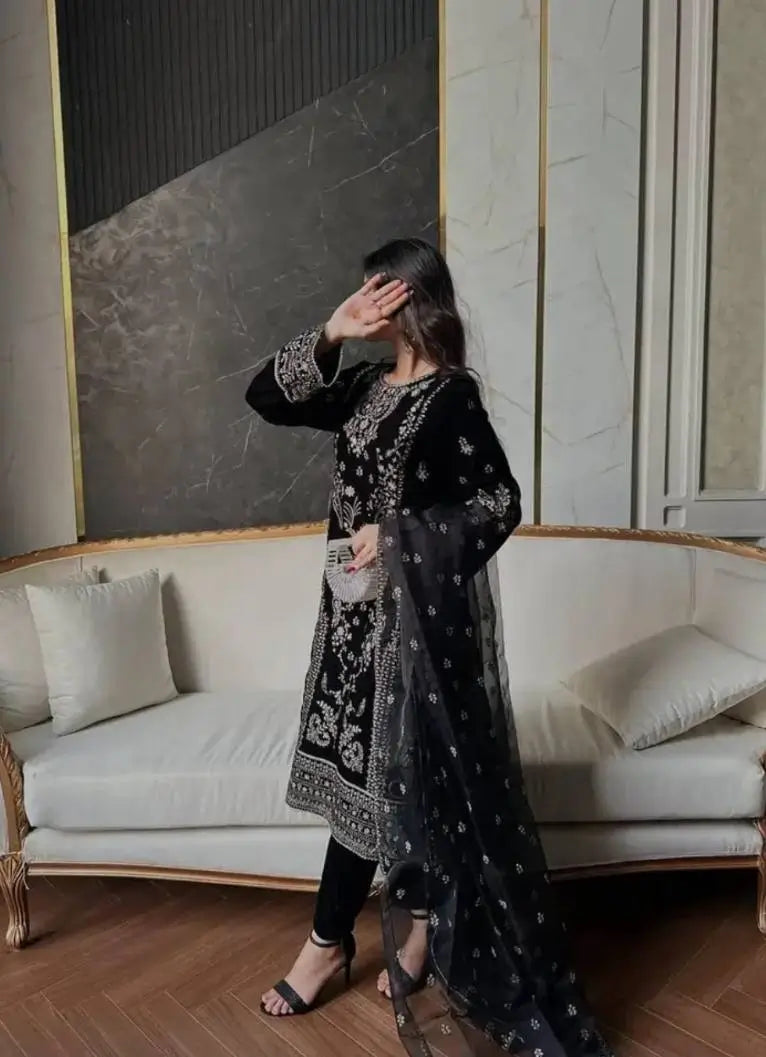 Embroidered Korean Satin Silk Kurta Pant Set with Organza Dupatta for Festive Wear