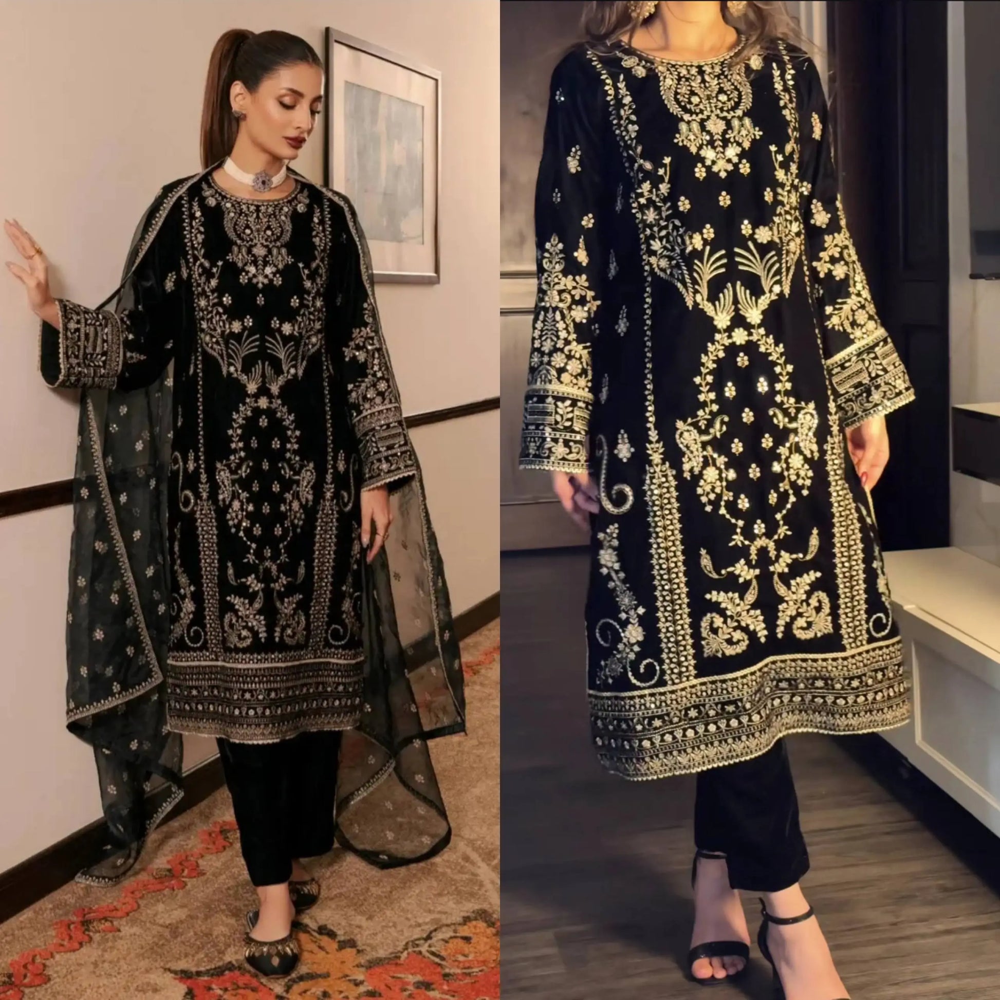 Embroidered Korean Satin Silk Kurta Pant Set with Organza Dupatta for Festive Wear
