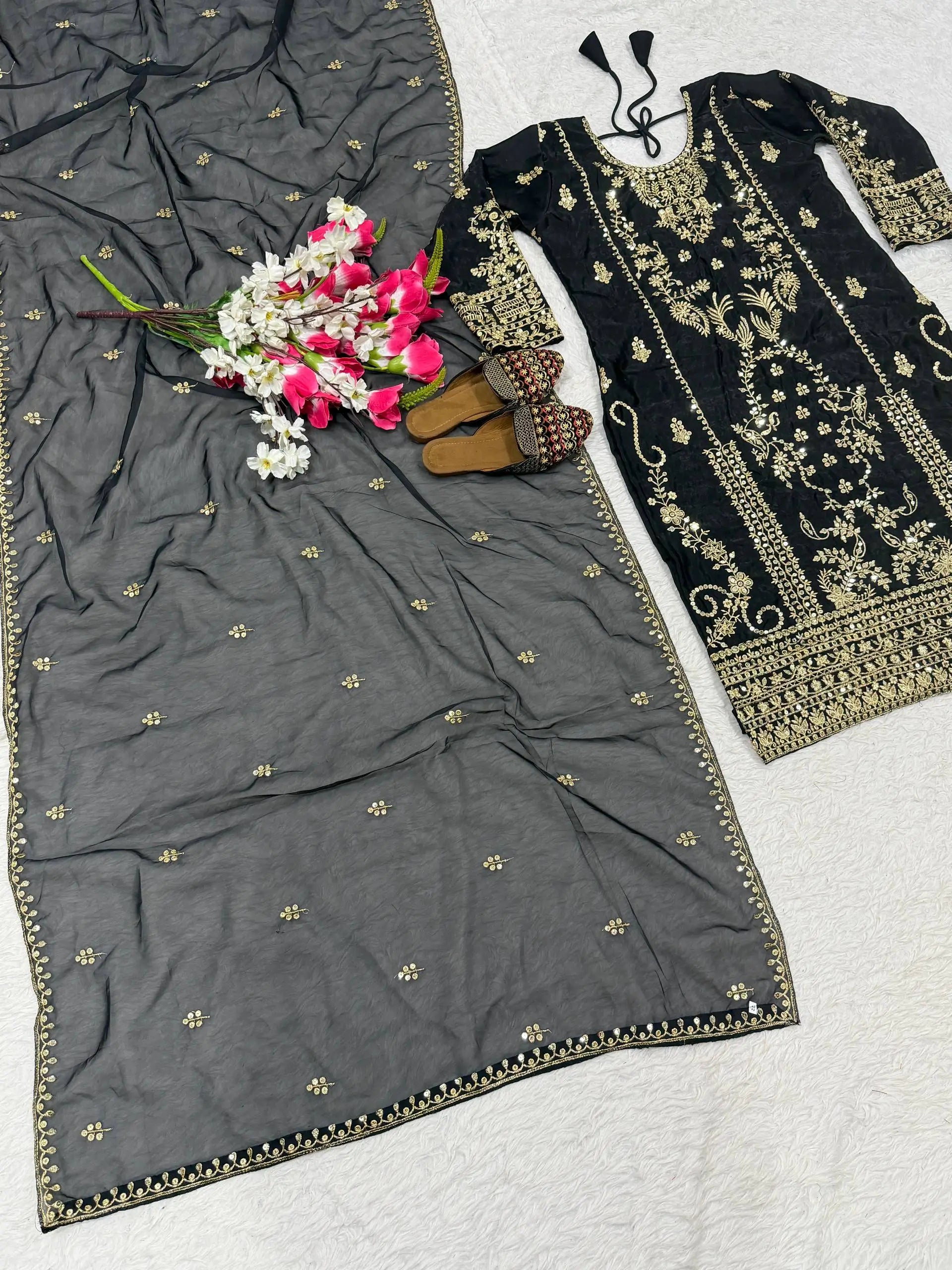Embroidered Korean Satin Silk Kurta Pant Set with Organza Dupatta for Festive Wear
