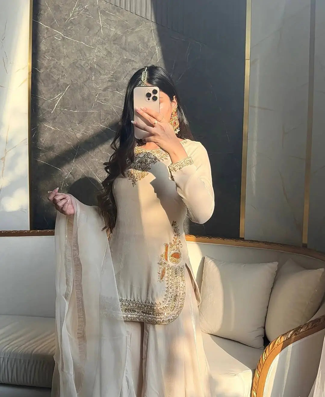 Embroidered Korean Satin Silk Kurta Sharara Set with Organza Dupatta for Festive and Party Wear