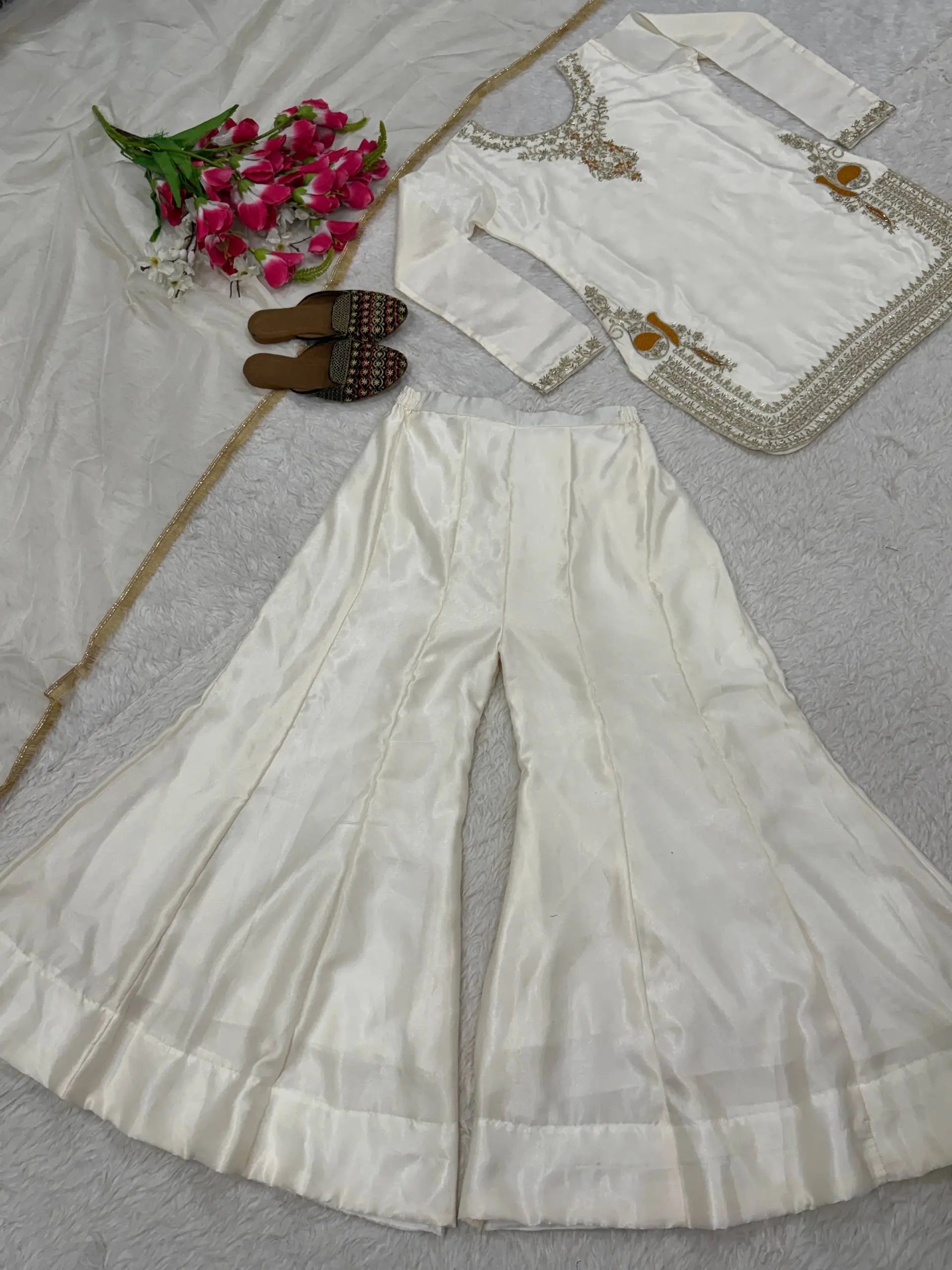 Embroidered Korean Satin Silk Kurta Sharara Set with Organza Dupatta for Festive and Party Wear