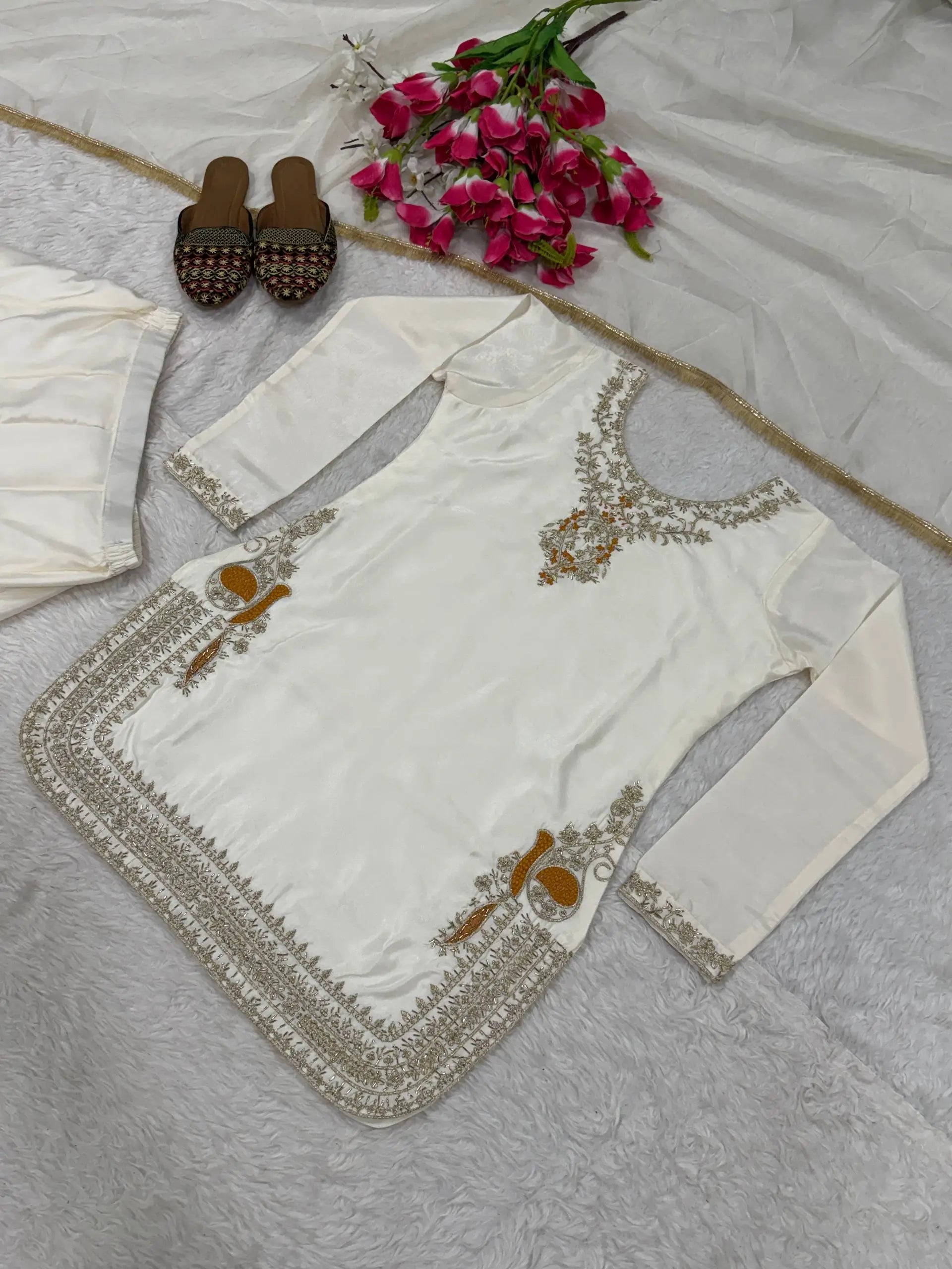 Embroidered Korean Satin Silk Kurta Sharara Set with Organza Dupatta for Festive and Party Wear