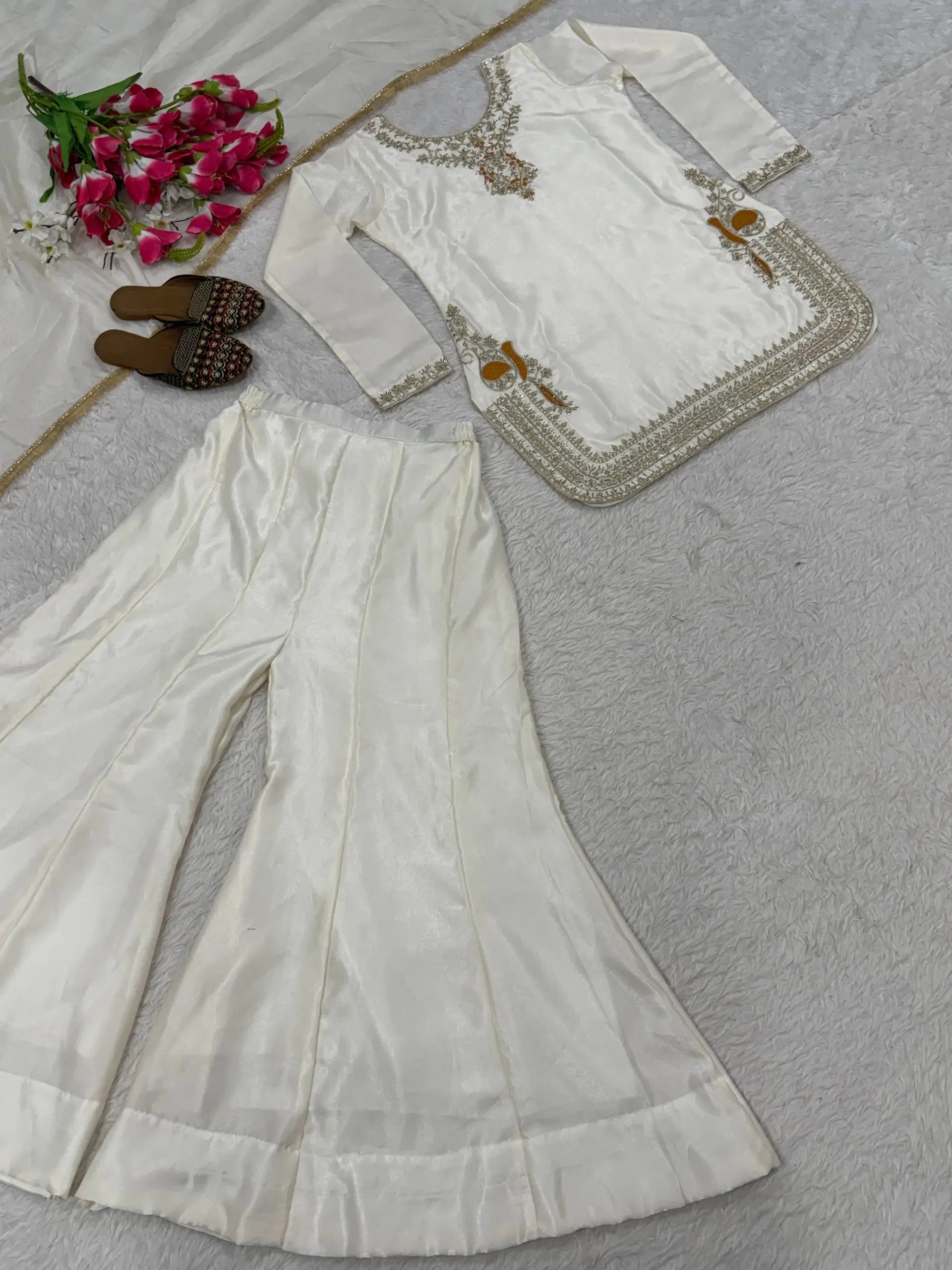 Embroidered Korean Satin Silk Kurta Sharara Set with Organza Dupatta for Festive and Party Wear