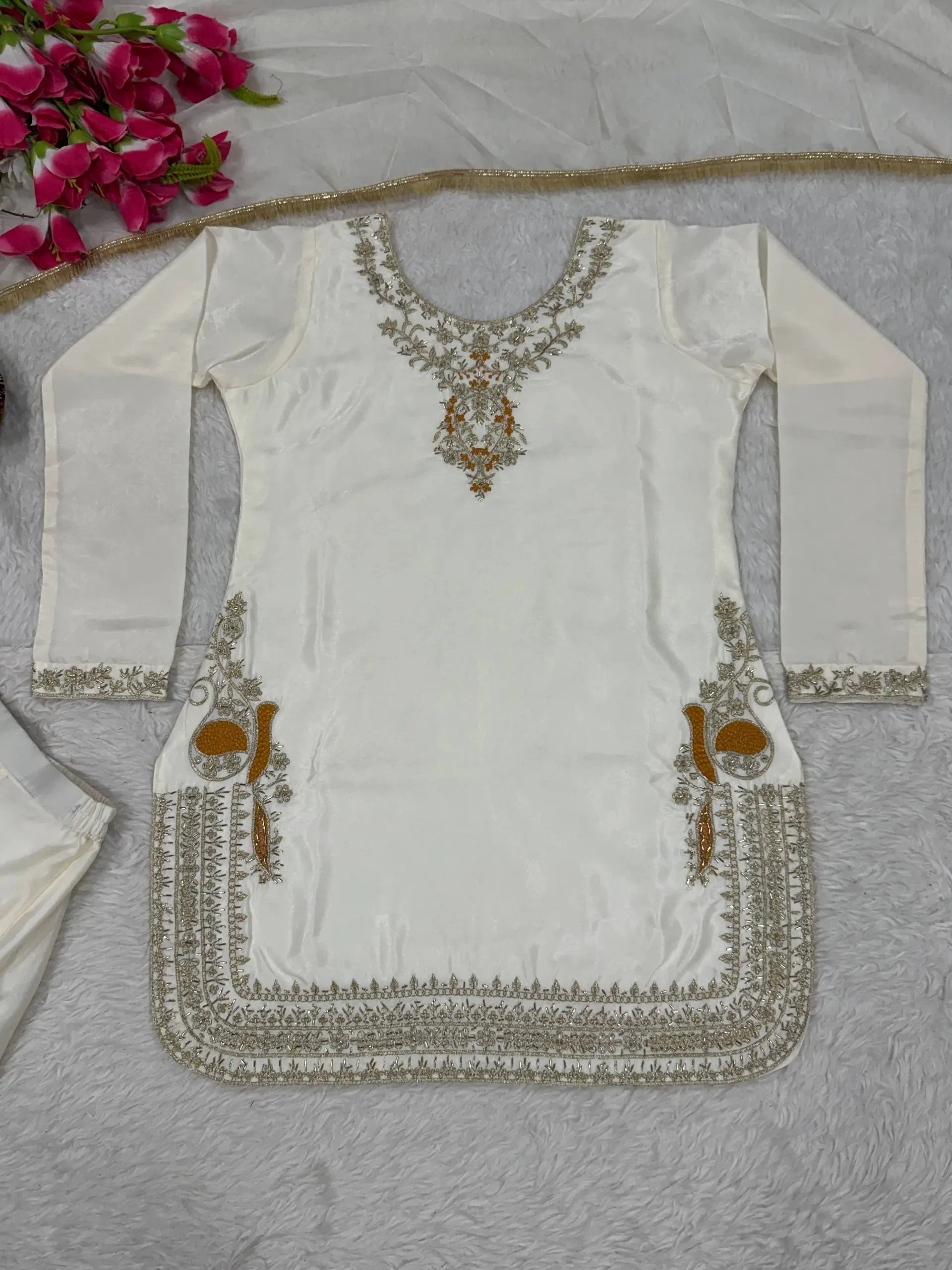Embroidered Korean Satin Silk Kurta Sharara Set with Organza Dupatta for Festive and Party Wear