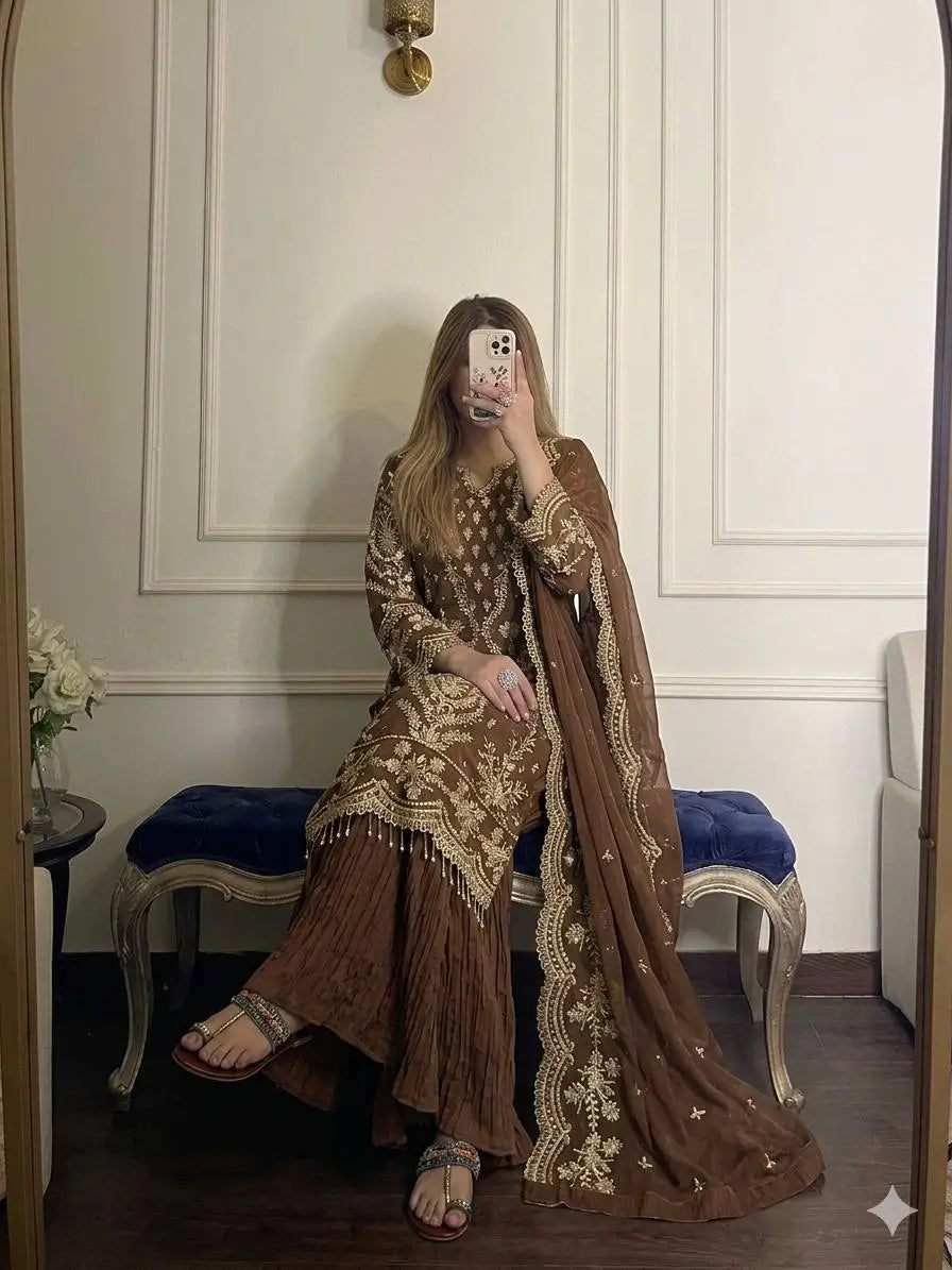 Embroidered Kurta Palazzo Set with Moti Work
