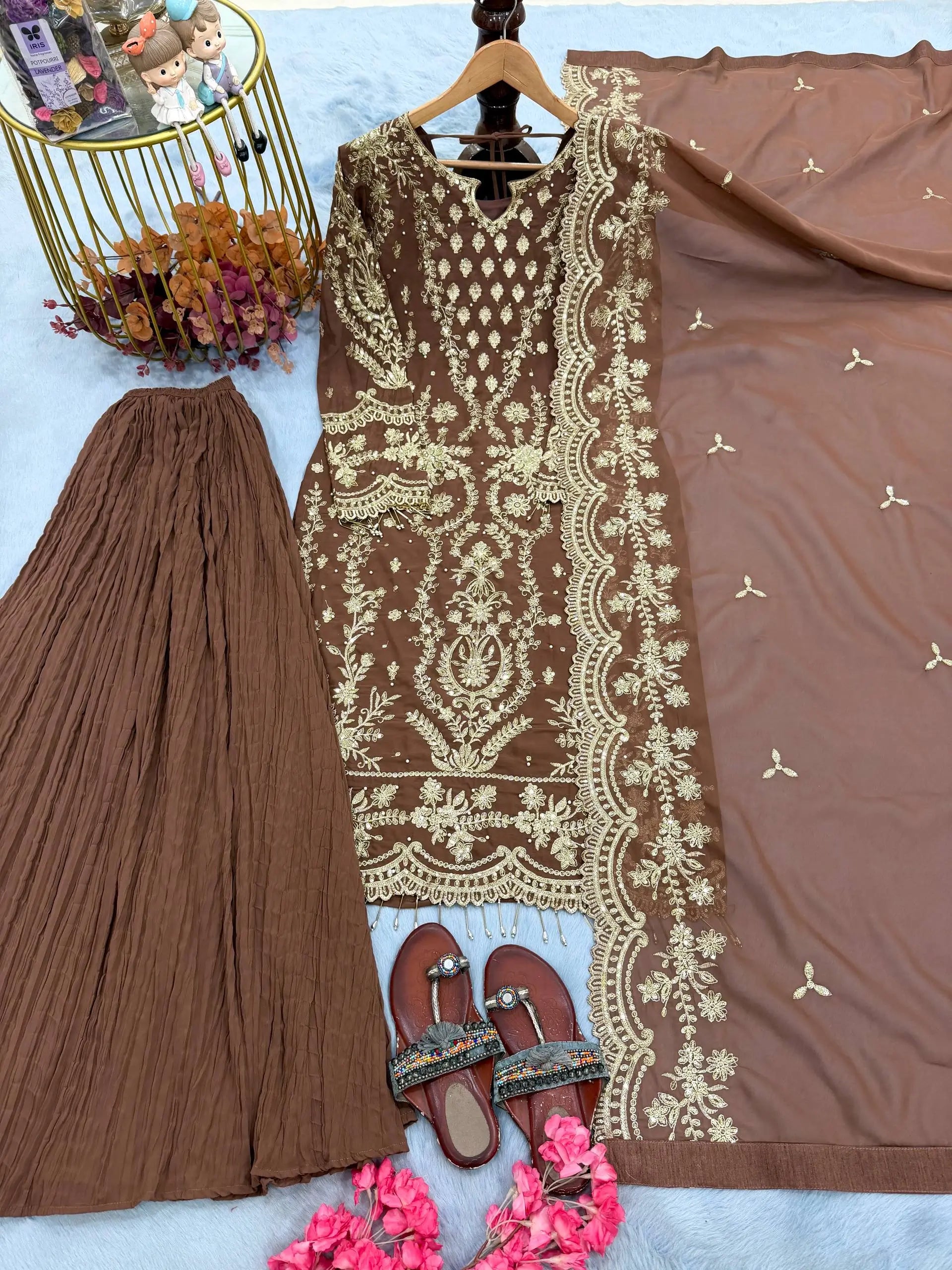 Embroidered Kurta Palazzo Set with Moti Work