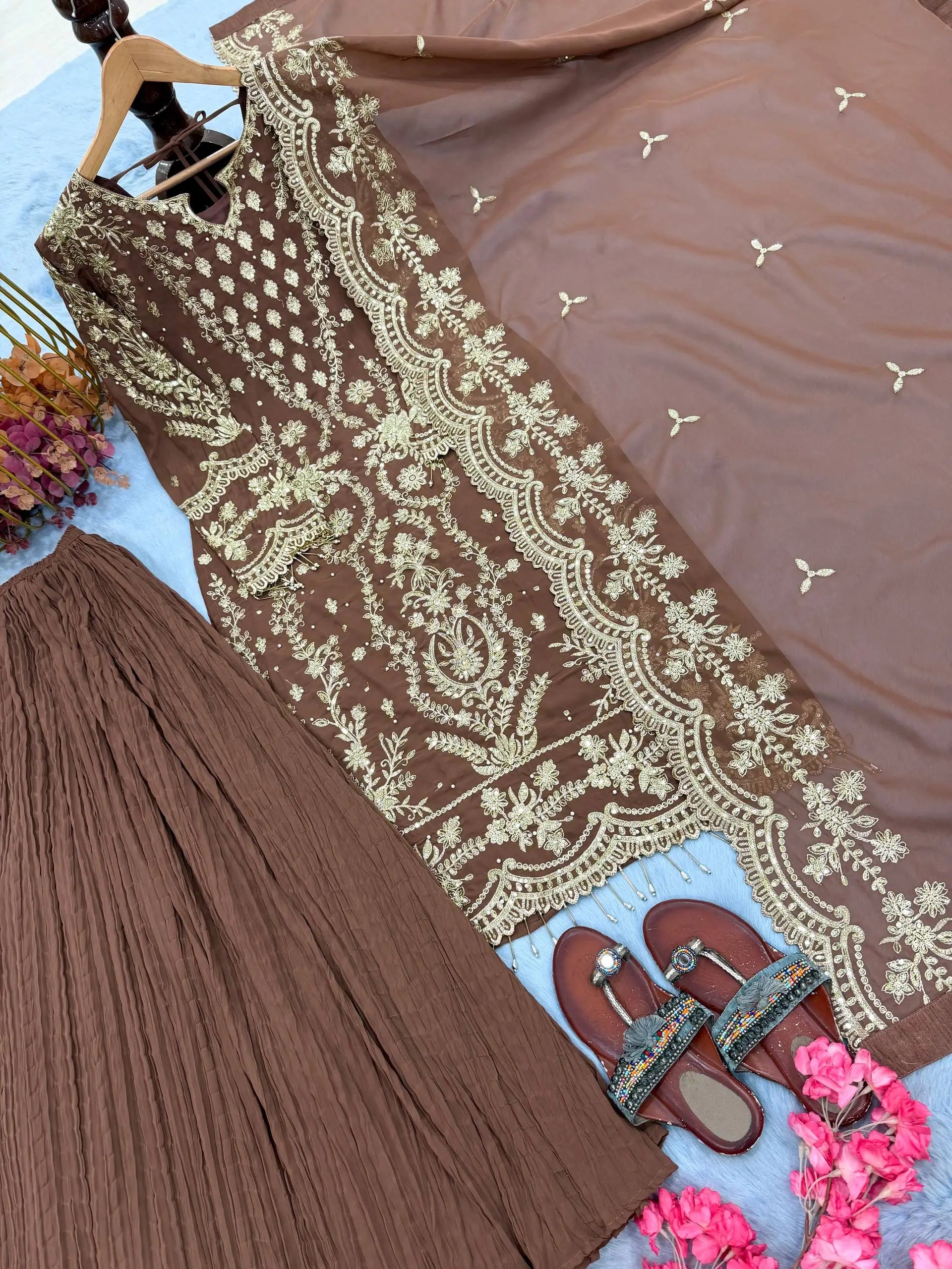 Embroidered Kurta Palazzo Set with Moti Work