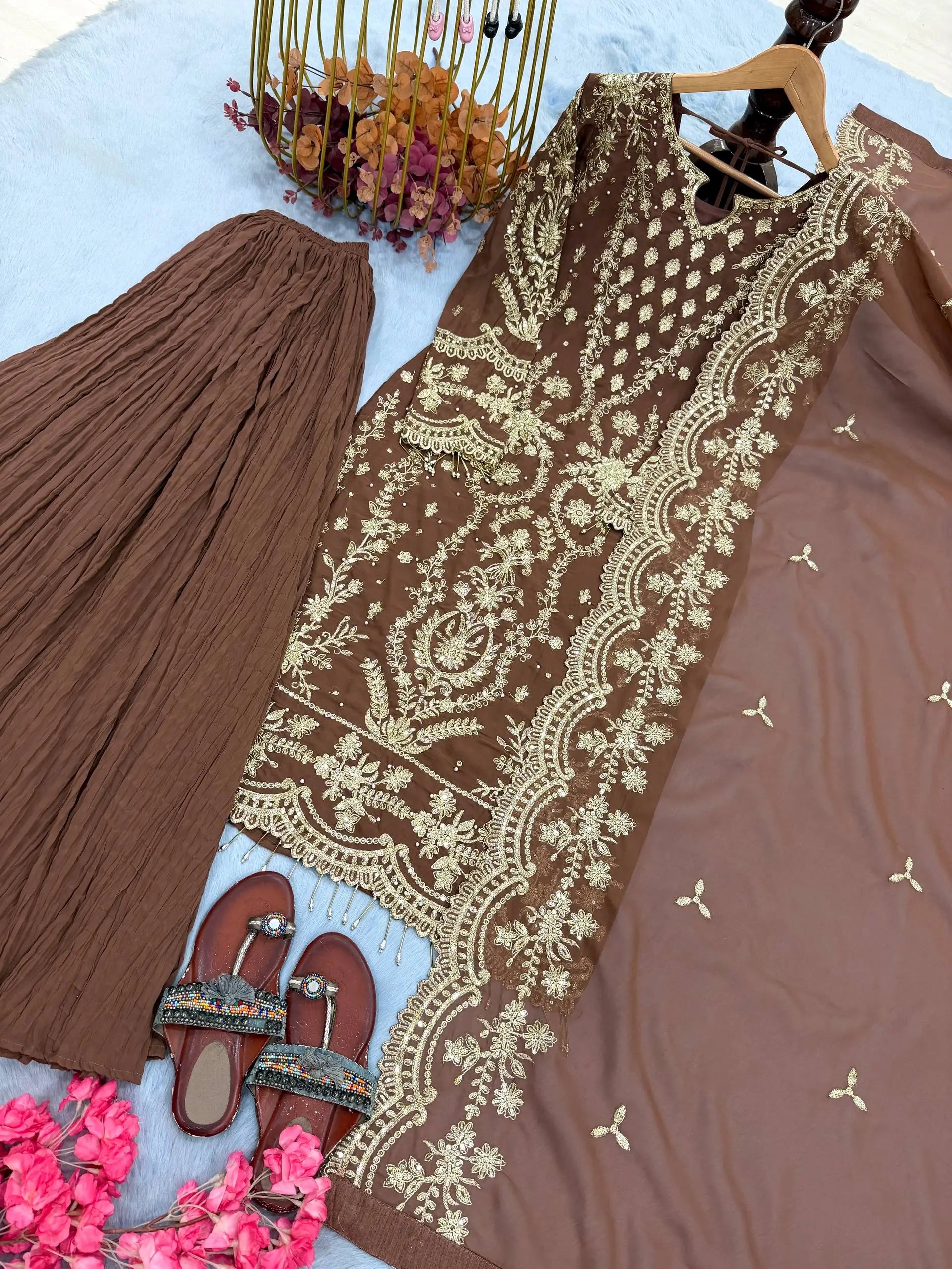Embroidered Kurta Palazzo Set with Moti Work