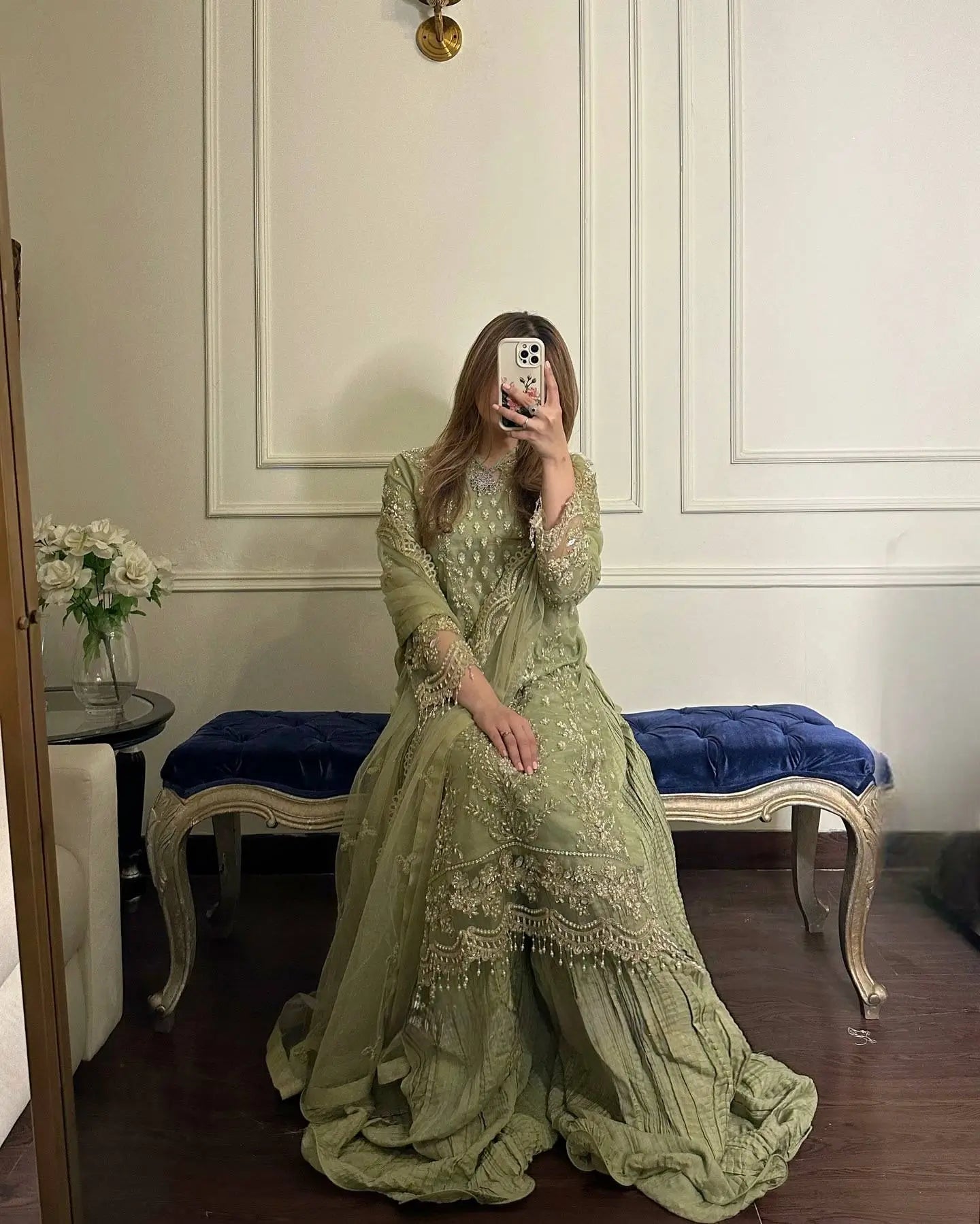 Embroidered Kurta Palazzo Set with Moti Work