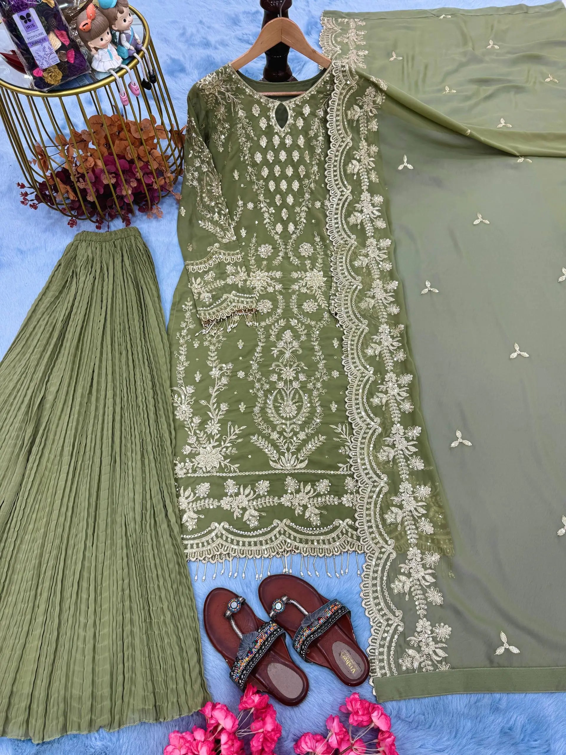 Embroidered Kurta Palazzo Set with Moti Work
