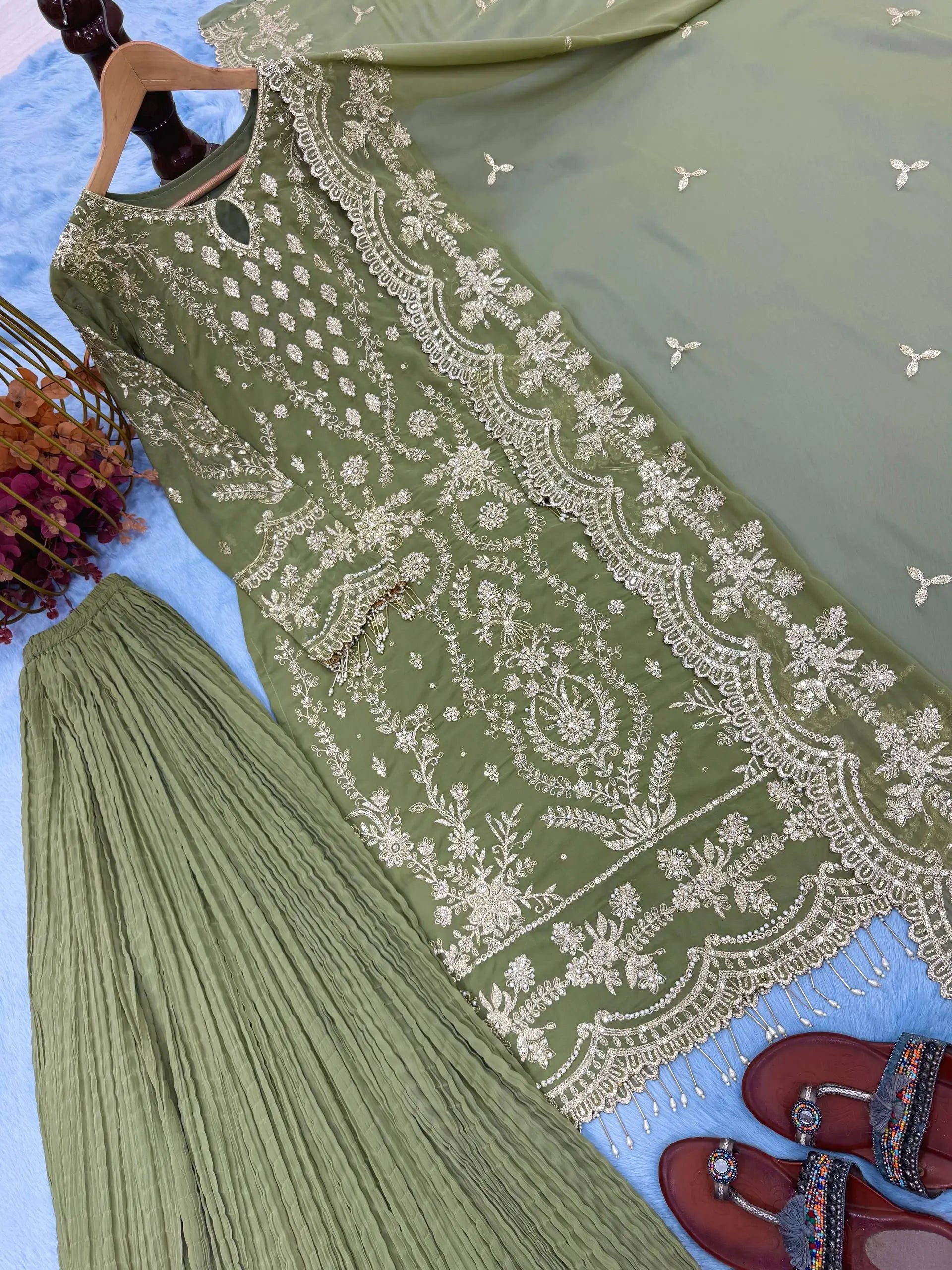Embroidered Kurta Palazzo Set with Moti Work