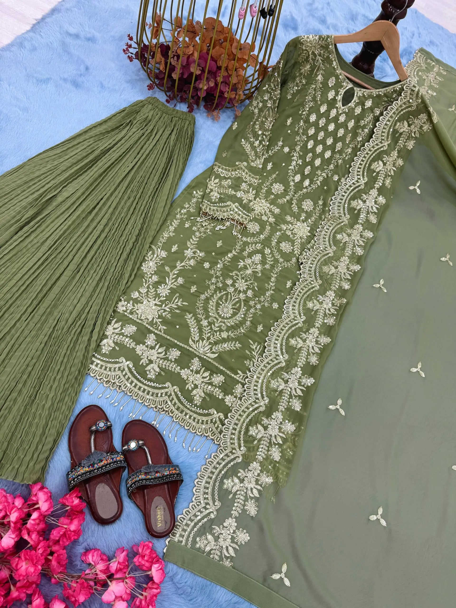 Embroidered Kurta Palazzo Set with Moti Work
