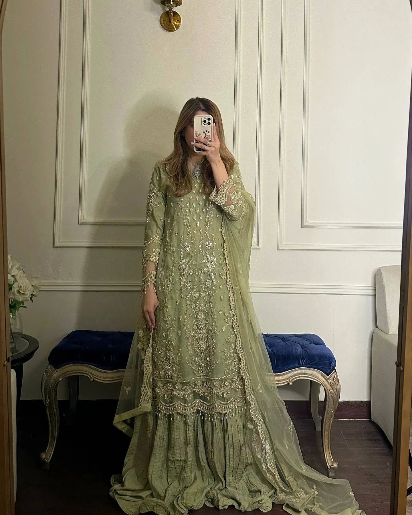Embroidered Kurta Palazzo Set with Moti Work