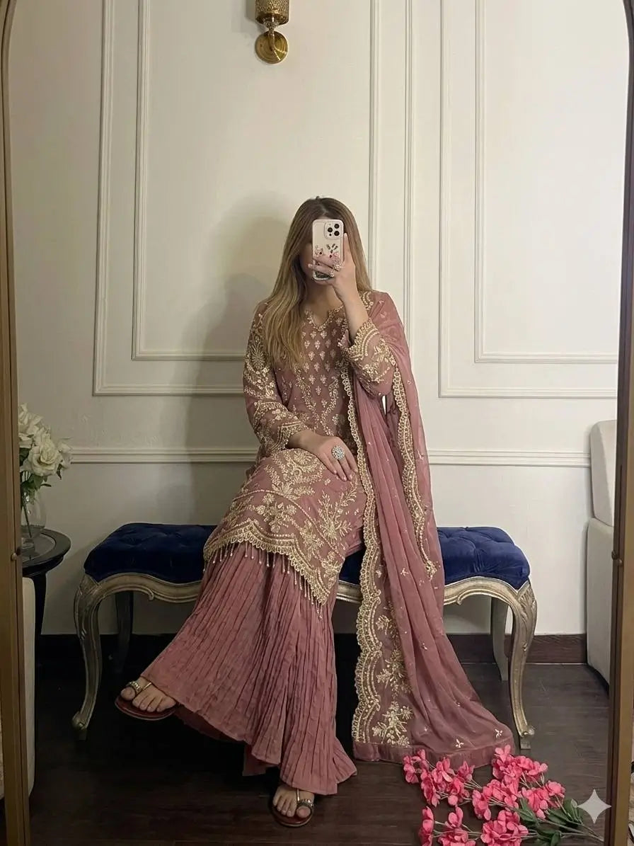 Embroidered Kurta Palazzo Set with Moti Work