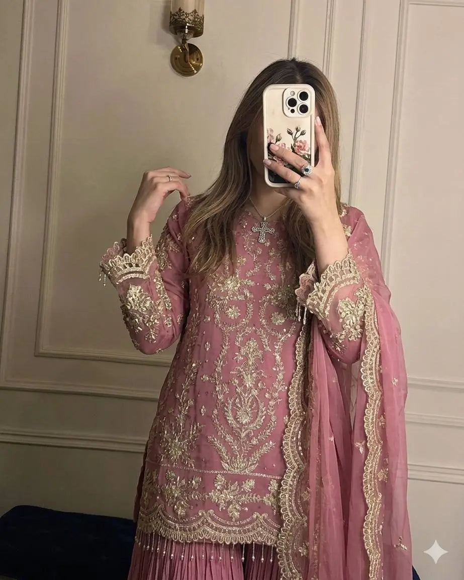 Embroidered Kurta Palazzo Set with Moti Work