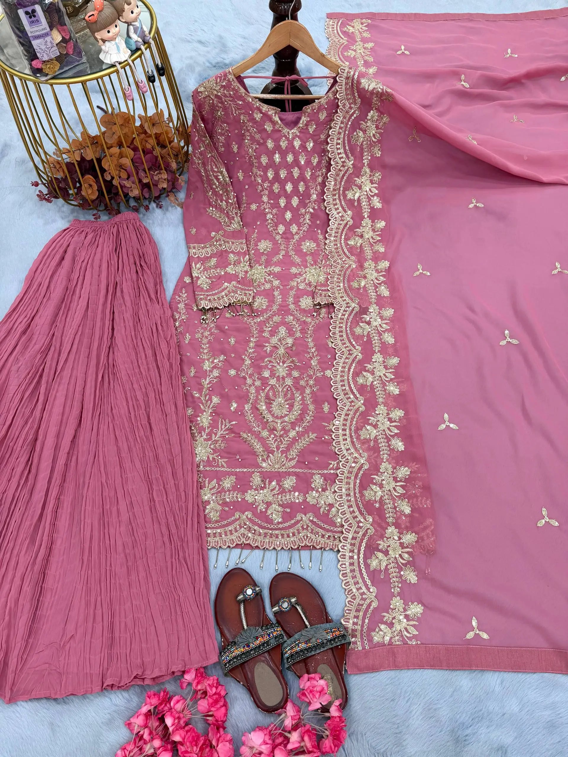 Embroidered Kurta Palazzo Set with Moti Work