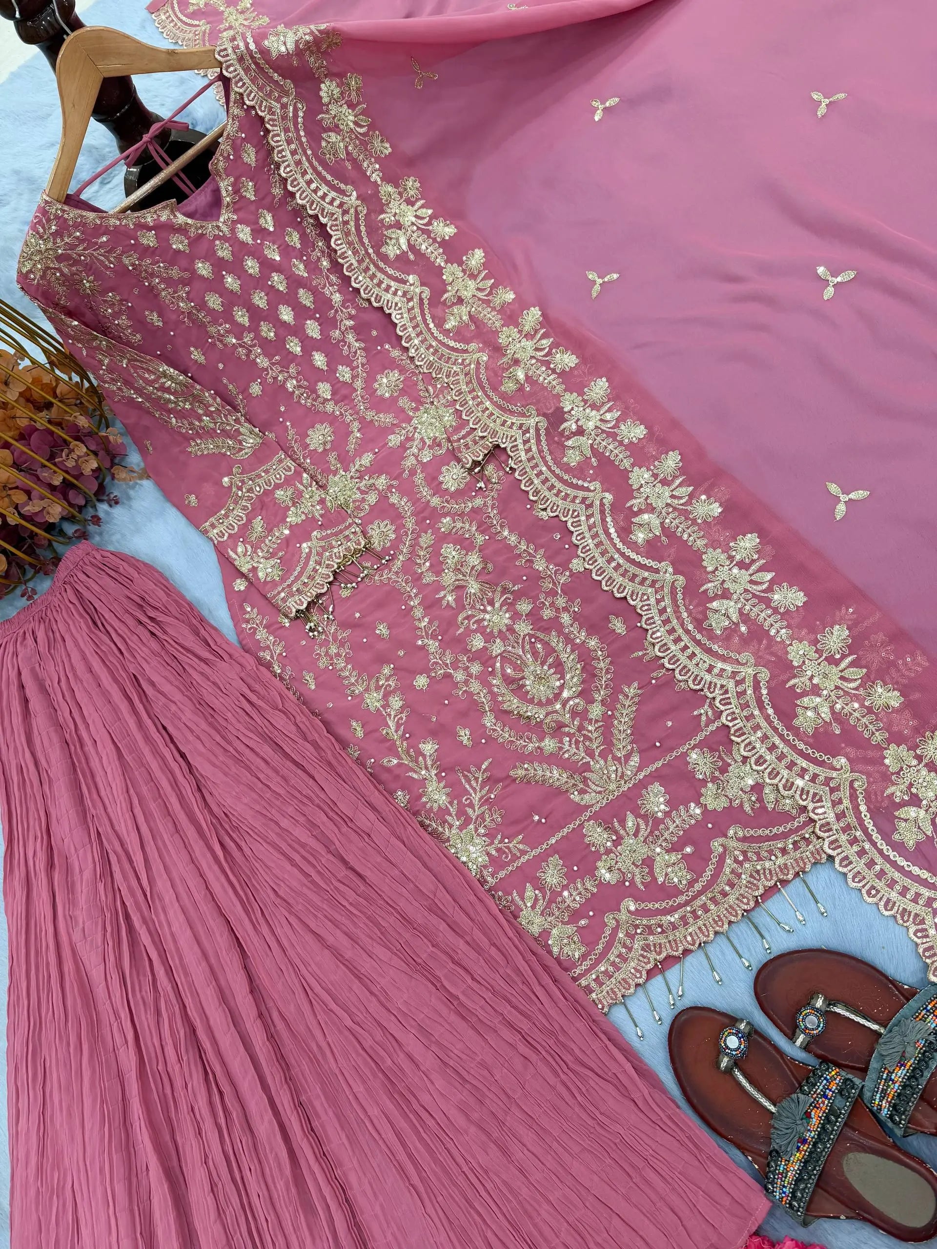 Embroidered Kurta Palazzo Set with Moti Work