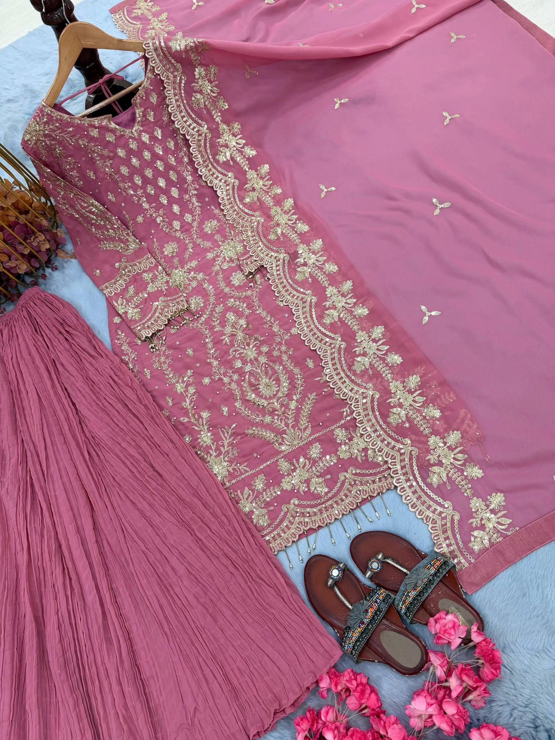 Embroidered Kurta Palazzo Set with Moti Work