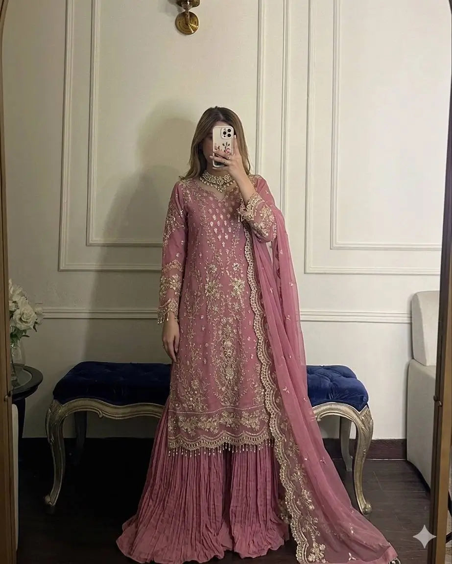 Embroidered Kurta Palazzo Set with Moti Work