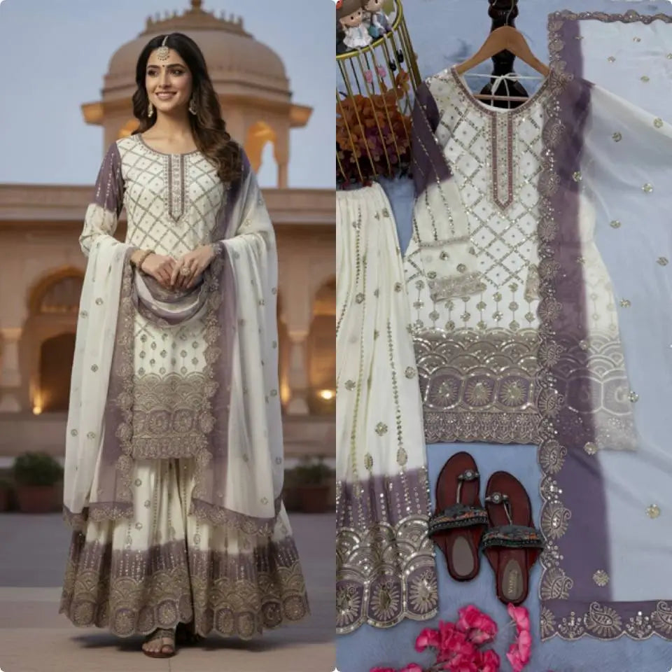 Embroidered Kurti Palazzo Set with Dupatta