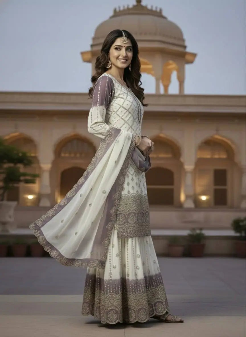 Embroidered Kurti Palazzo Set with Dupatta