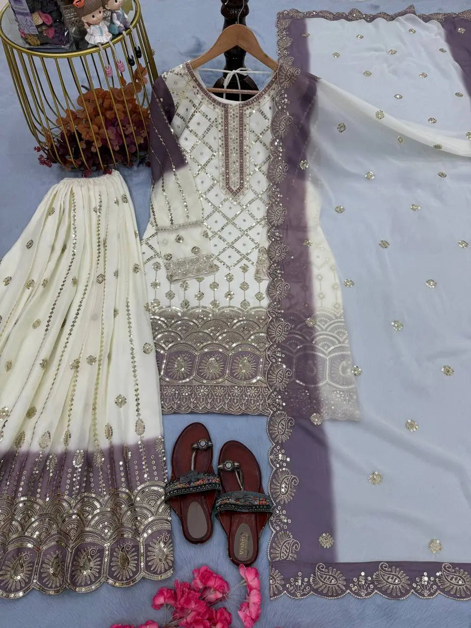 Embroidered Kurti Palazzo Set with Dupatta
