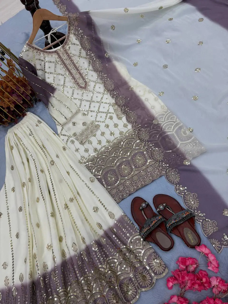 Embroidered Kurti Palazzo Set with Dupatta