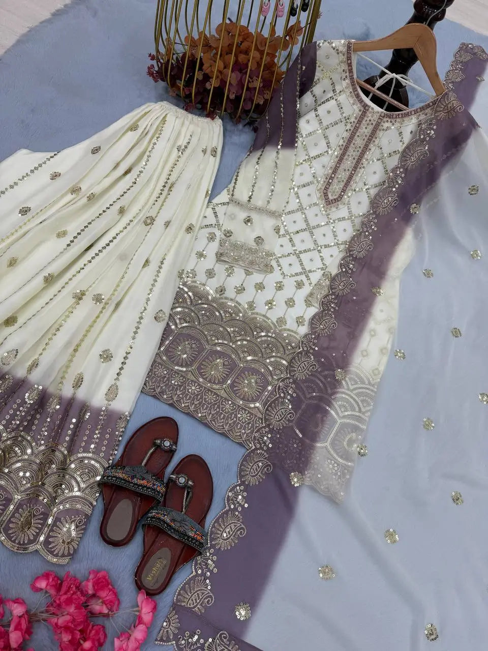 Embroidered Kurti Palazzo Set with Dupatta