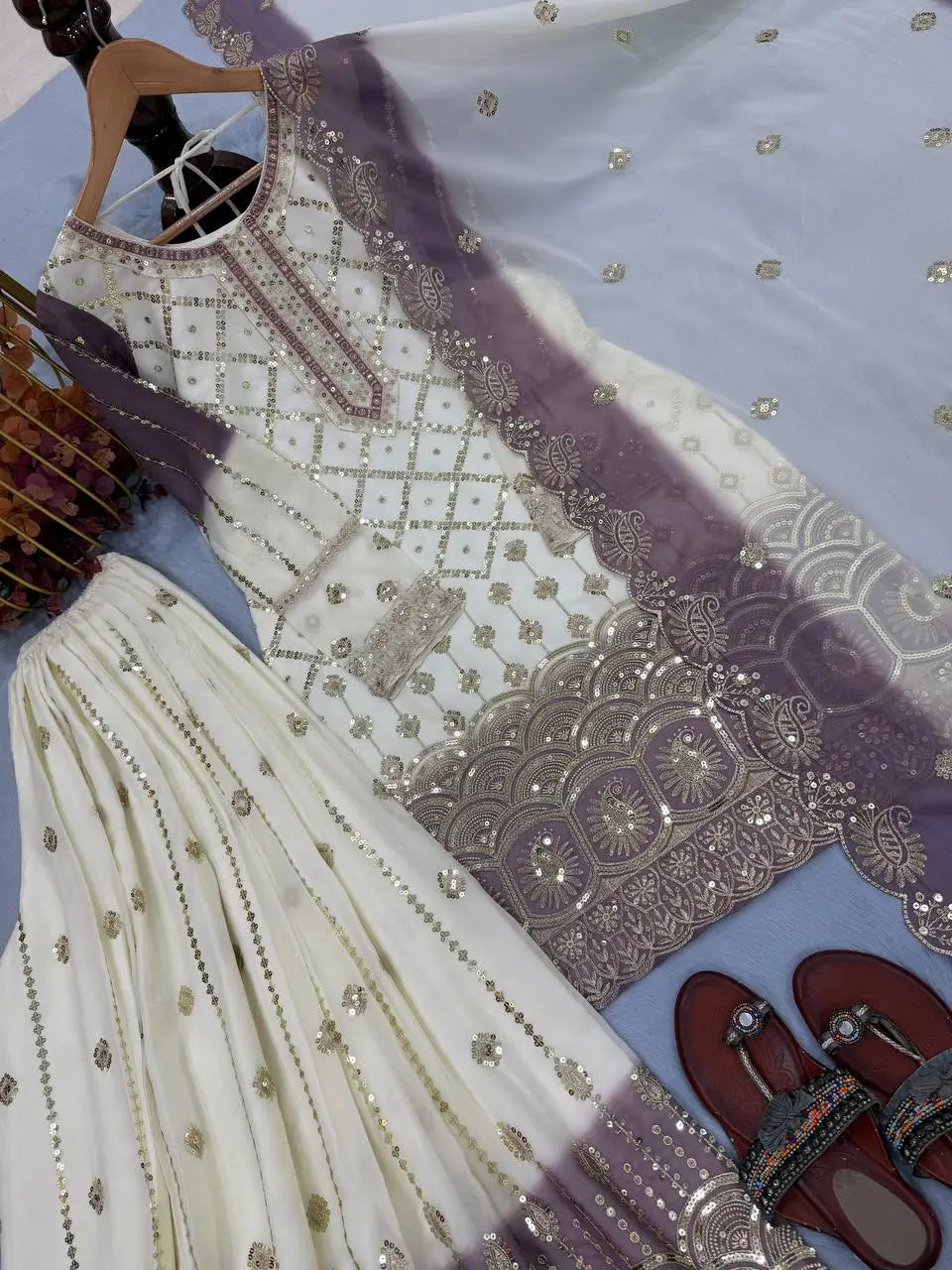 Embroidered Kurti Palazzo Set with Dupatta