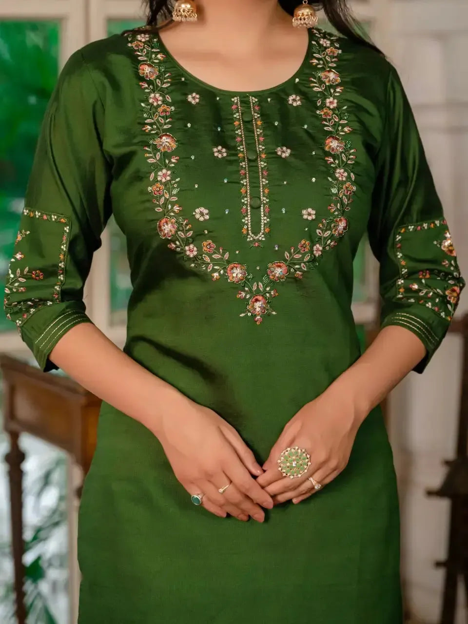 Embroidered Marina Silk Kurti Set with Pants & Dupatta