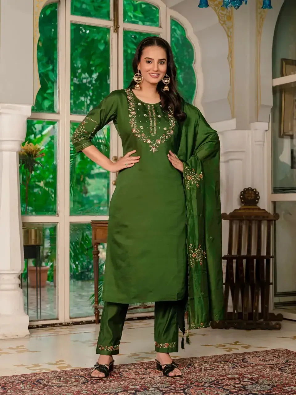 Embroidered Marina Silk Kurti Set with Pants & Dupatta