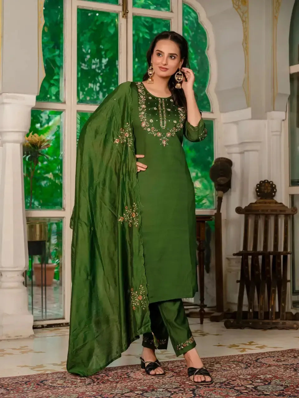 Embroidered Marina Silk Kurti Set with Pants & Dupatta