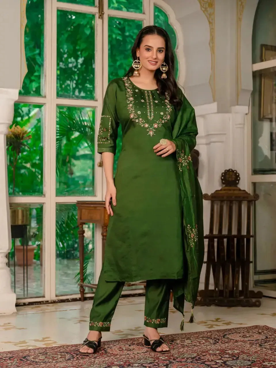 Embroidered Marina Silk Kurti Set with Pants & Dupatta