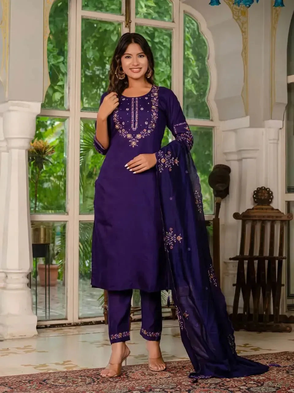 Embroidered Marina Silk Kurti Set with Pants & Dupatta