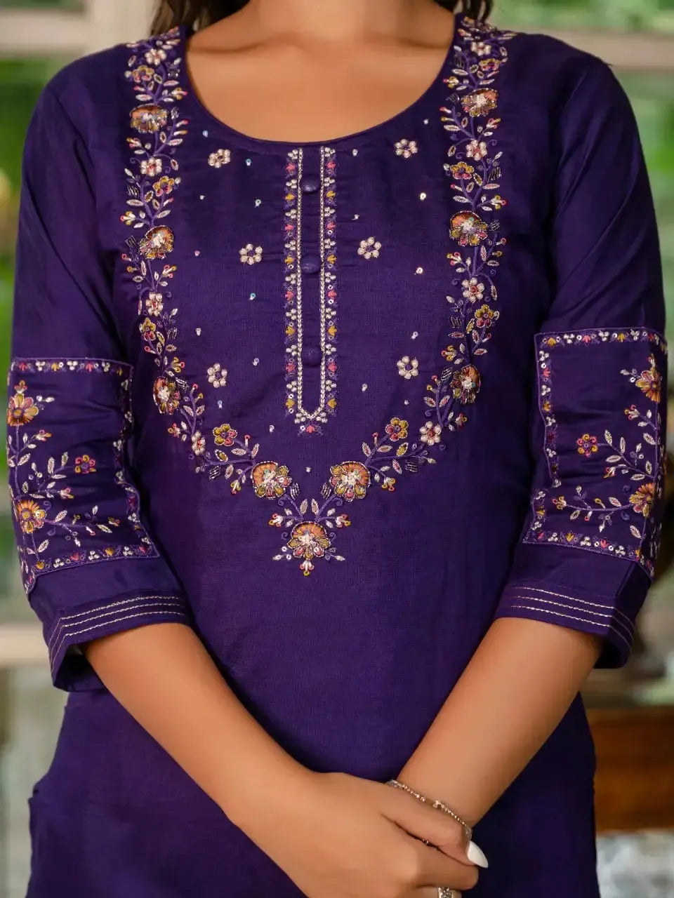 Embroidered Marina Silk Kurti Set with Pants & Dupatta