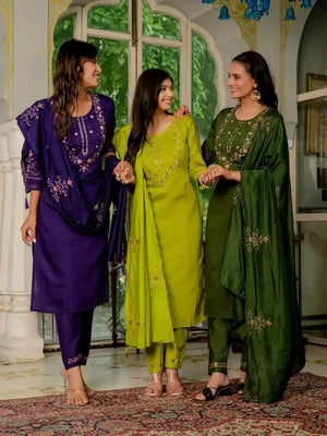 Embroidered Marina Silk Kurti Set with Pants & Dupatta