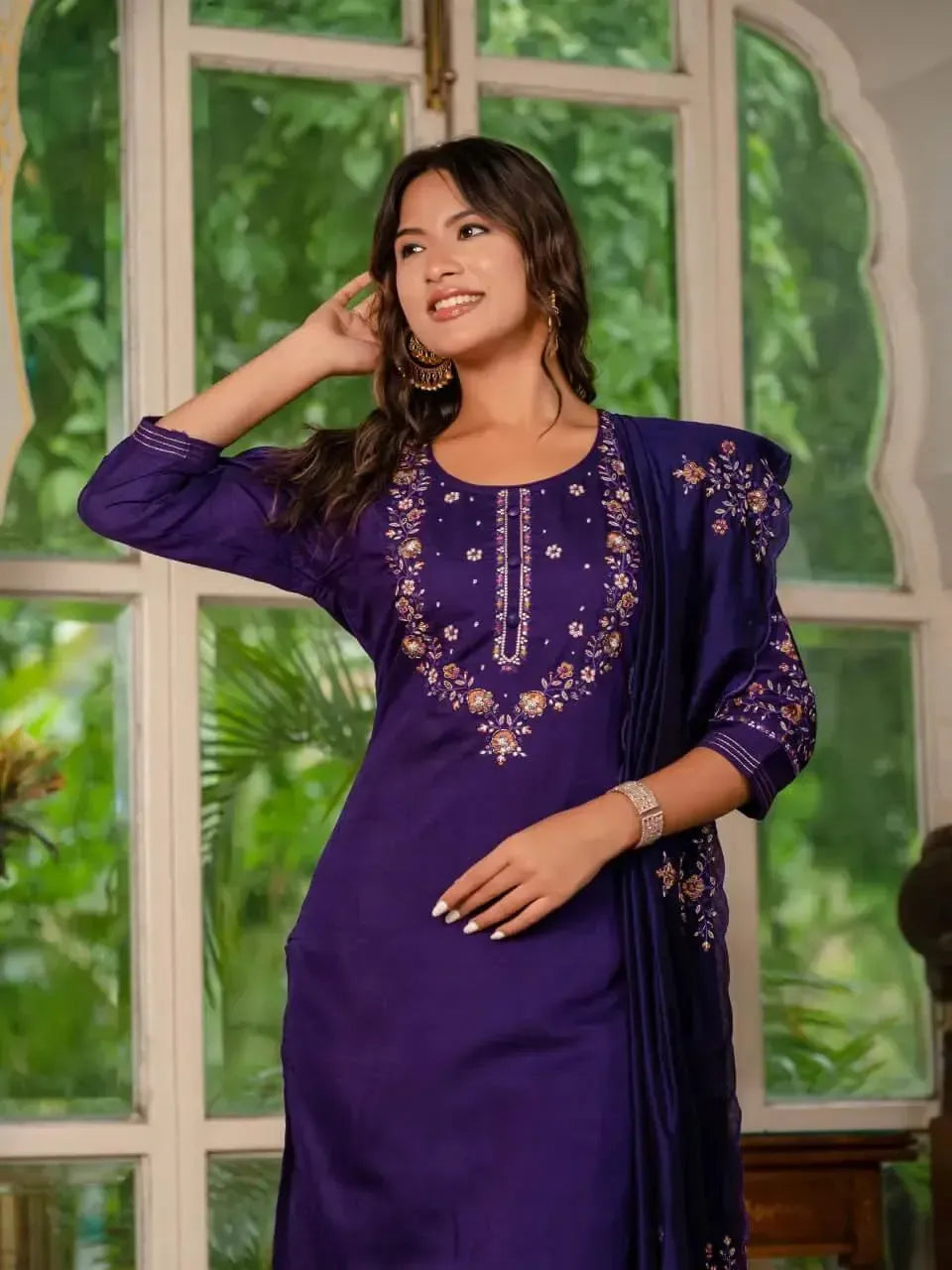 Embroidered Marina Silk Kurti Set with Pants & Dupatta