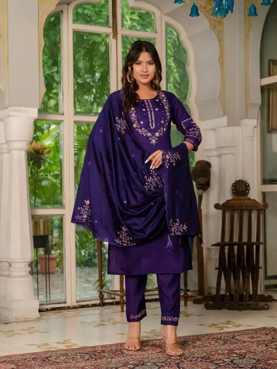 Embroidered Marina Silk Kurti Set with Pants & Dupatta