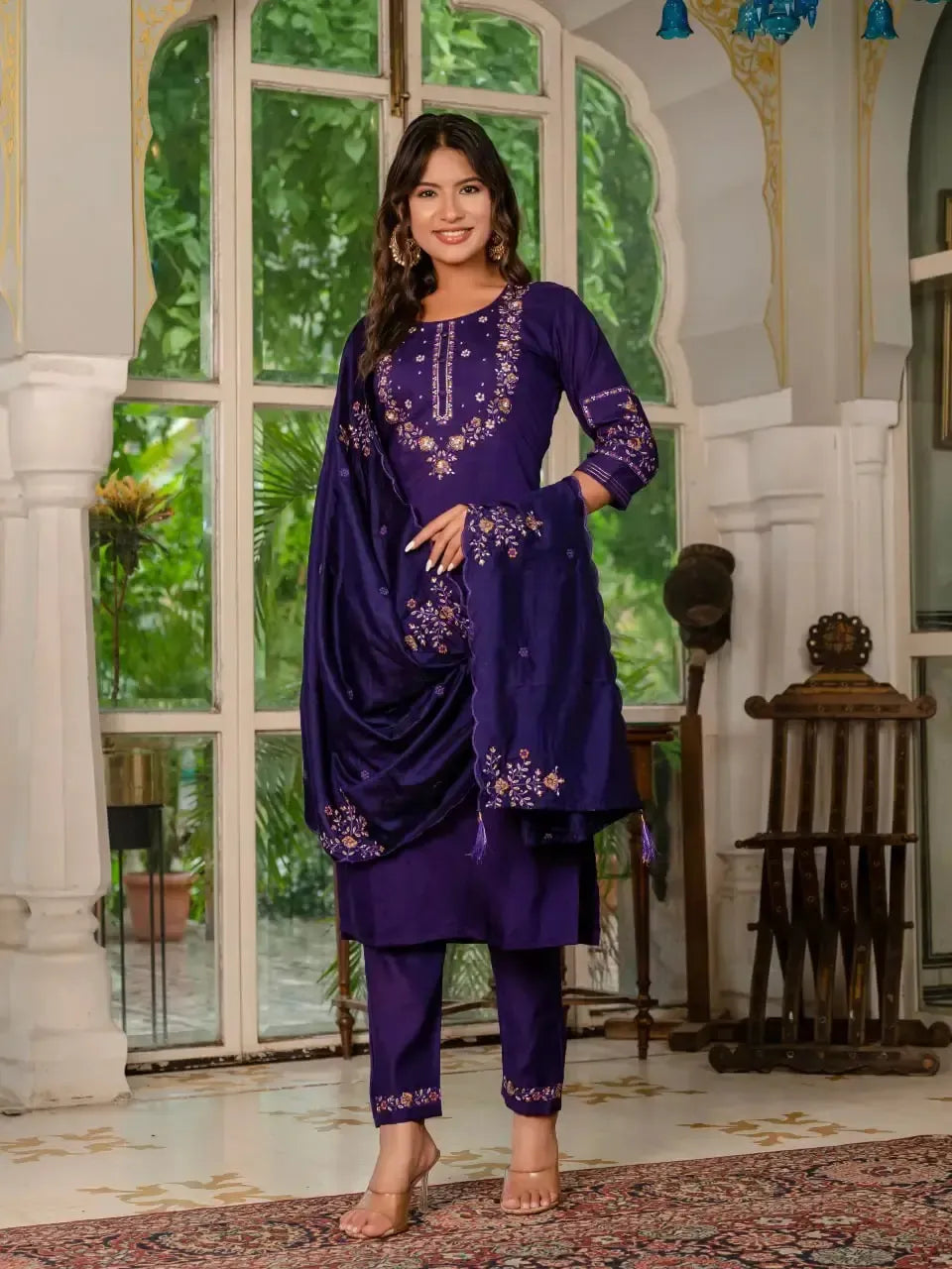 Embroidered Marina Silk Kurti Set with Pants & Dupatta