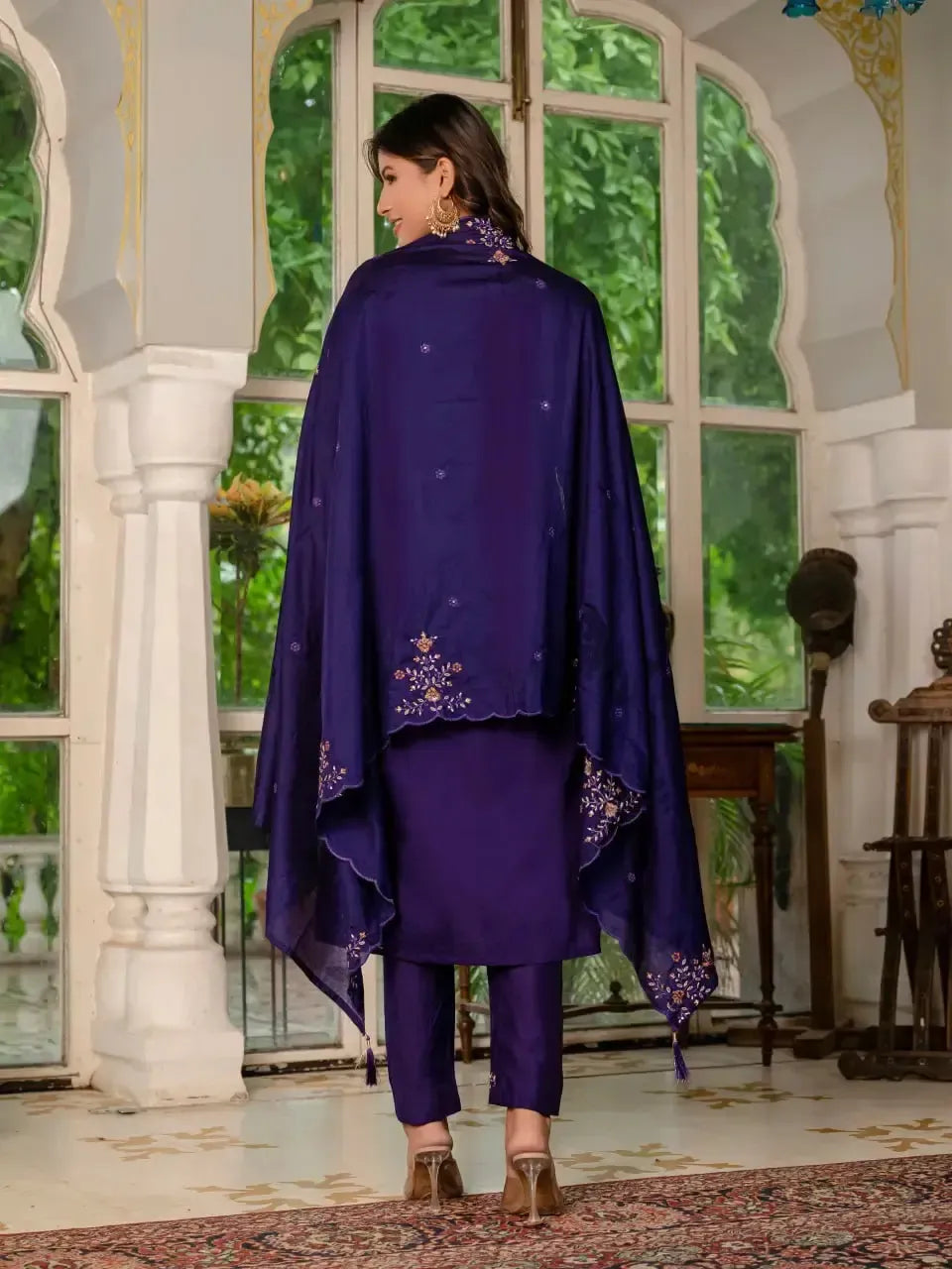 Embroidered Marina Silk Kurti Set with Pants & Dupatta