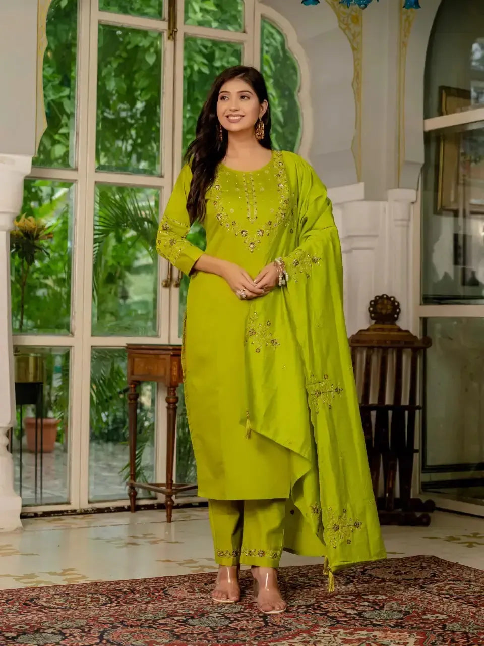 Embroidered Marina Silk Kurti Set with Pants & Dupatta