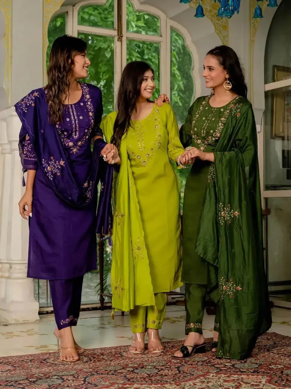 Embroidered Marina Silk Kurti Set with Pants & Dupatta