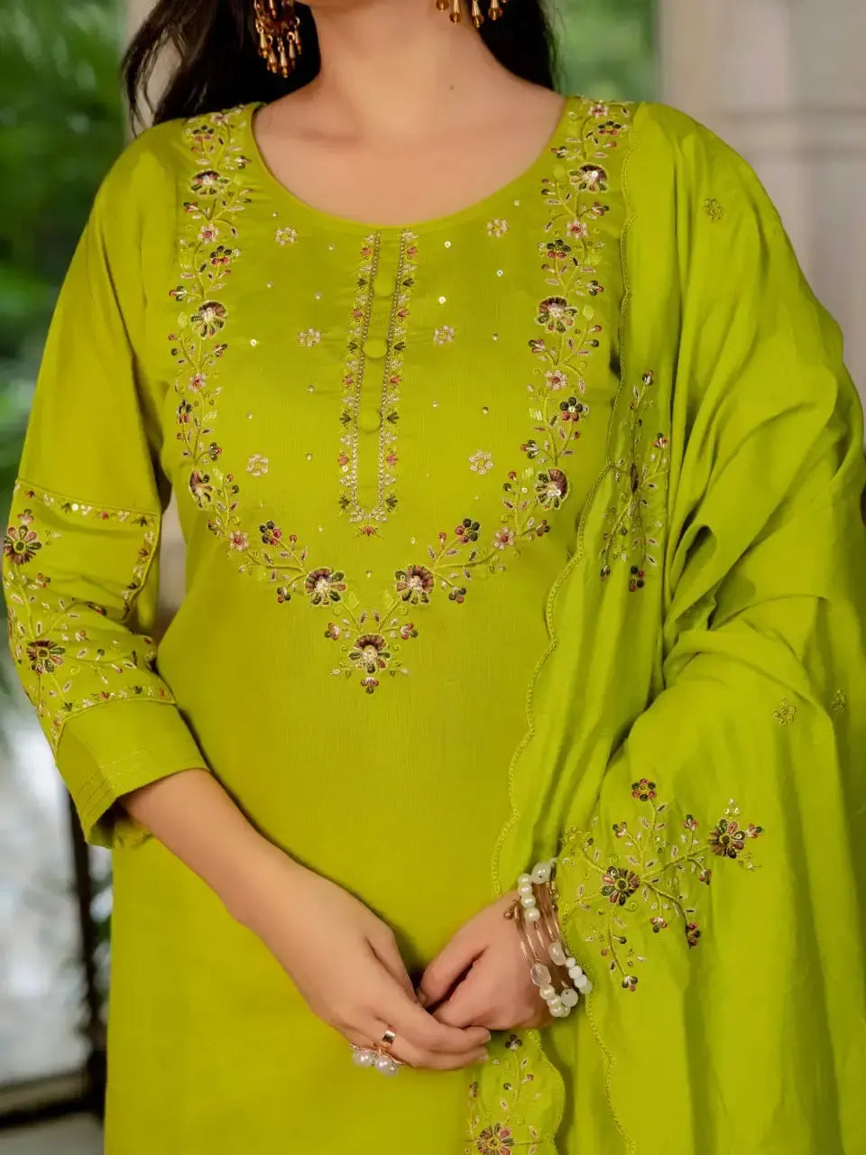 Embroidered Marina Silk Kurti Set with Pants & Dupatta