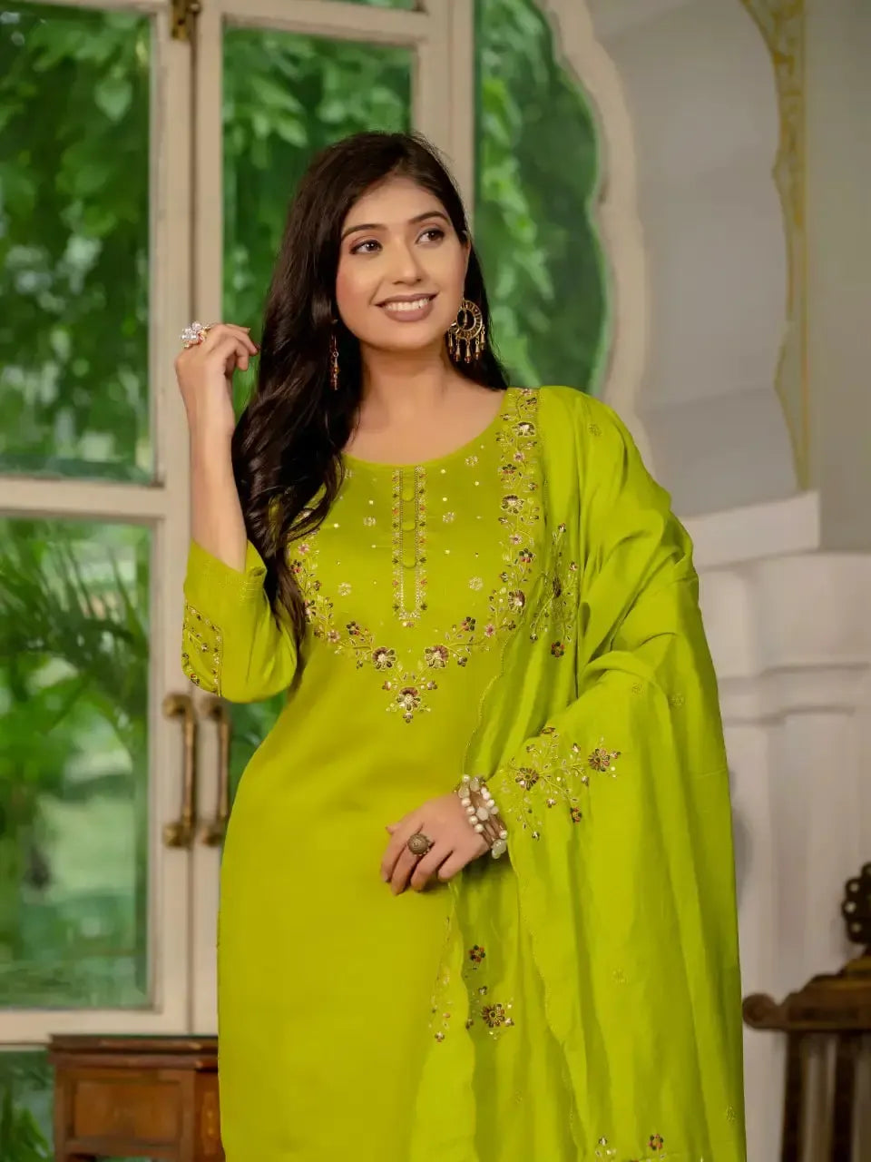 Embroidered Marina Silk Kurti Set with Pants & Dupatta